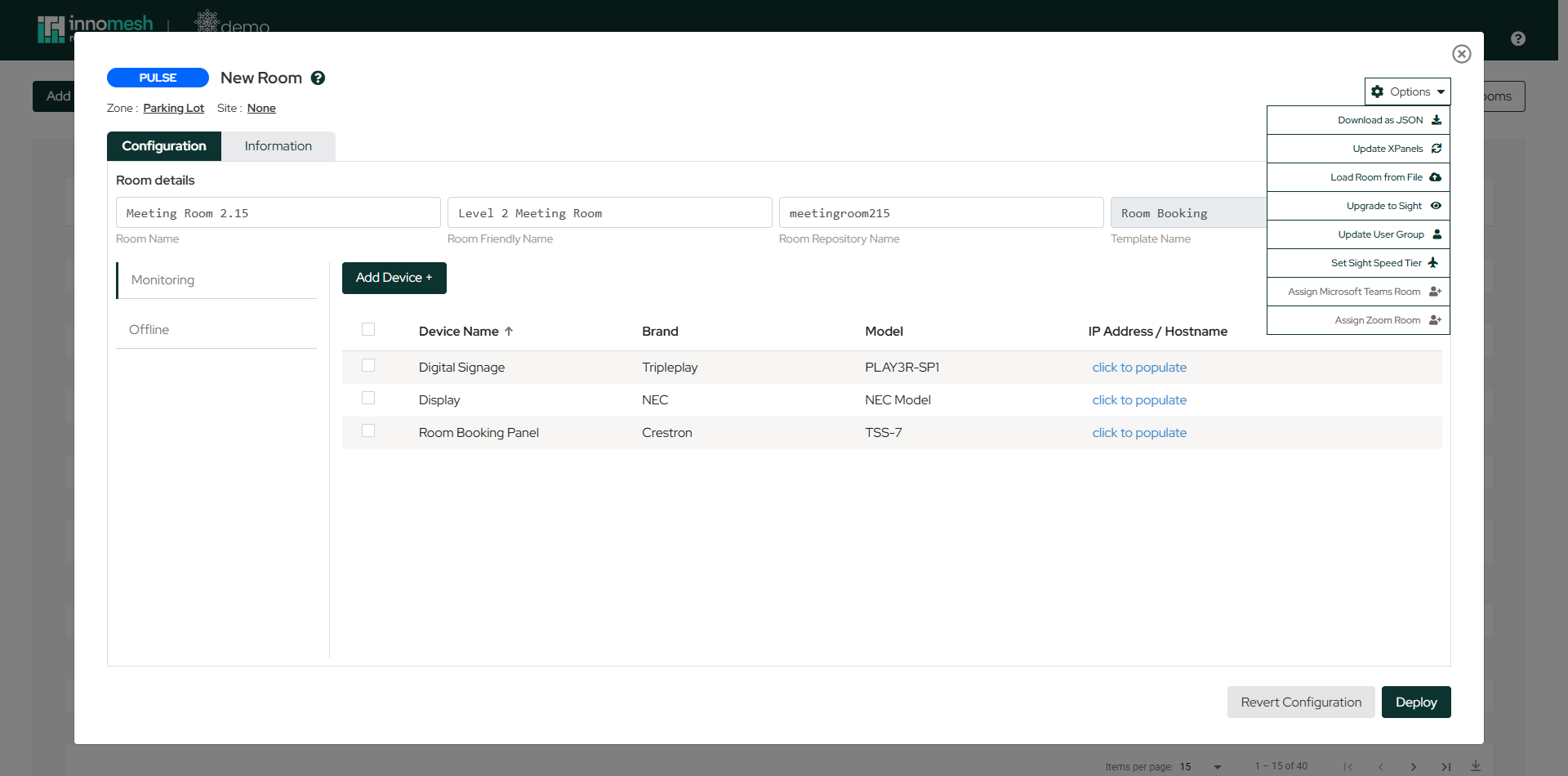 Options dropdown menu expanded showing eight room utilities including Upgrade to Sight
