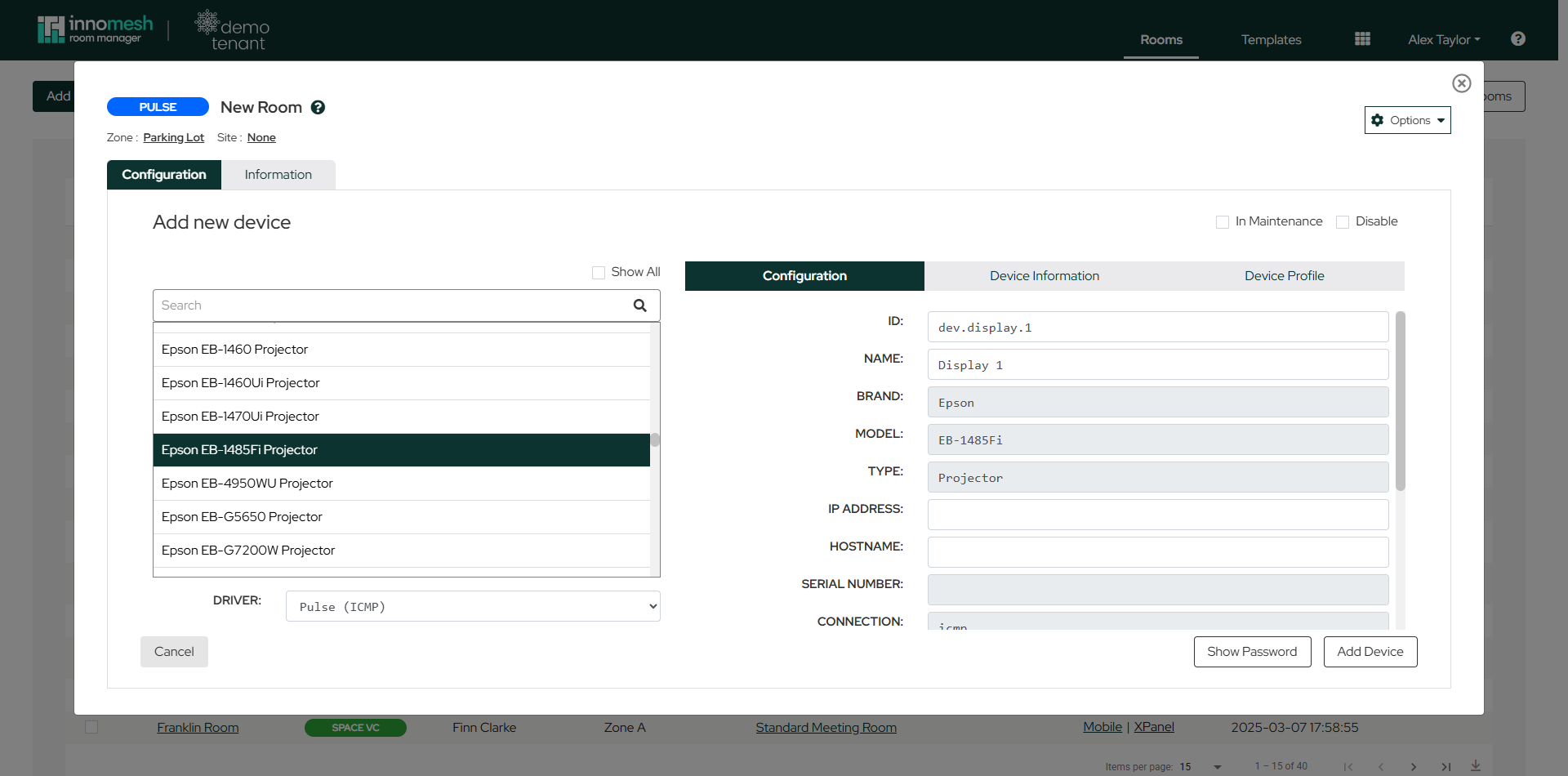 Add new device panel with an Epson asset profile selected and the Pulse ICMP driver chosen