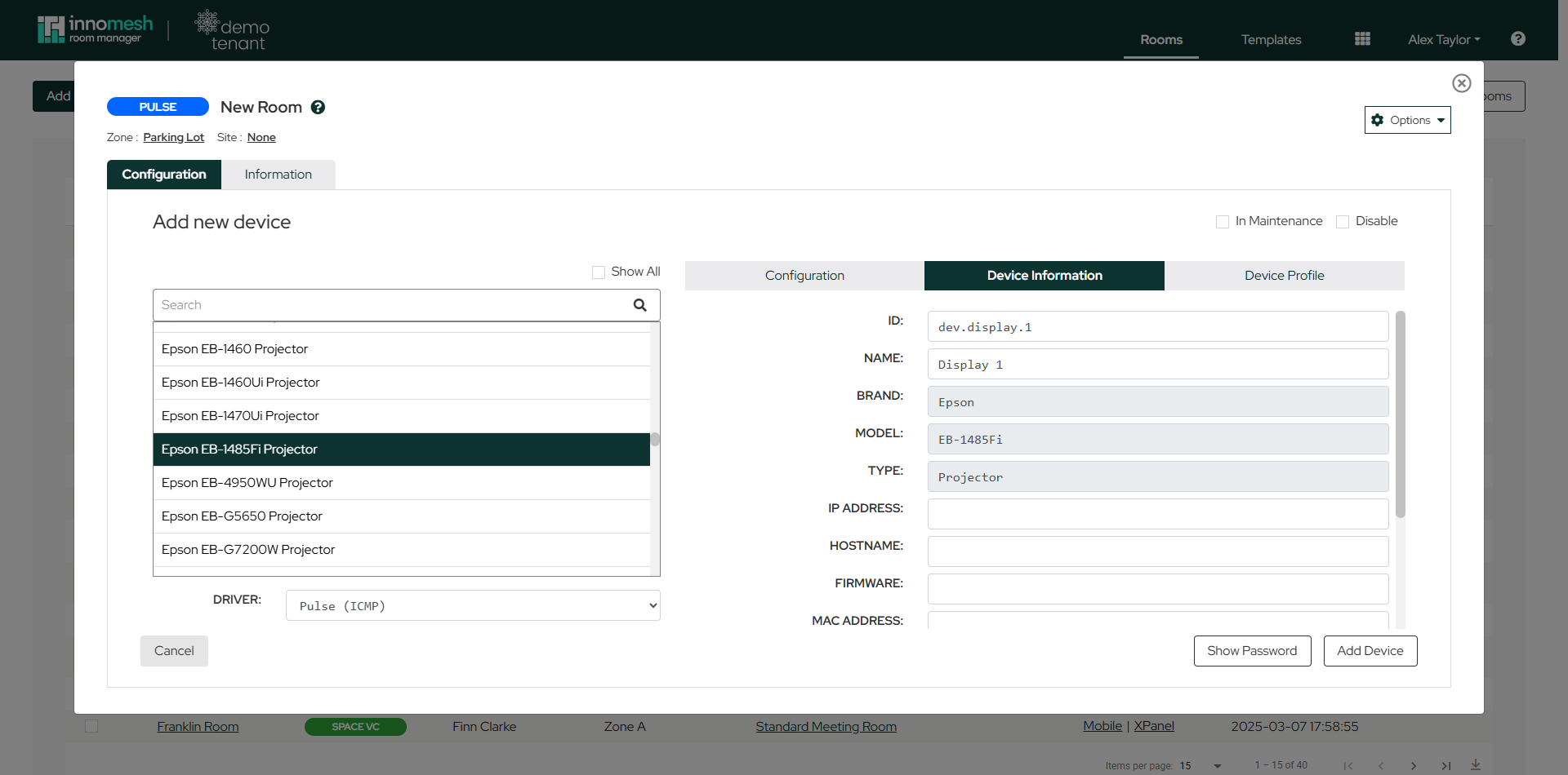 Add device panel with the Device Information tab active showing IP, hostname, and firmware fields