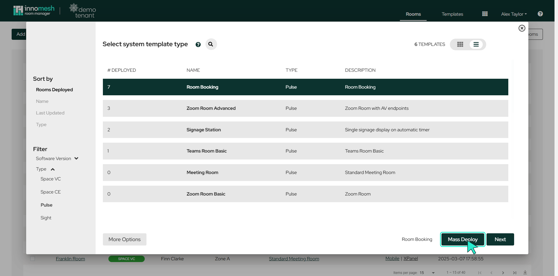 Template picker with the Room Booking Pulse template selected and the Mass Deploy button highlighted