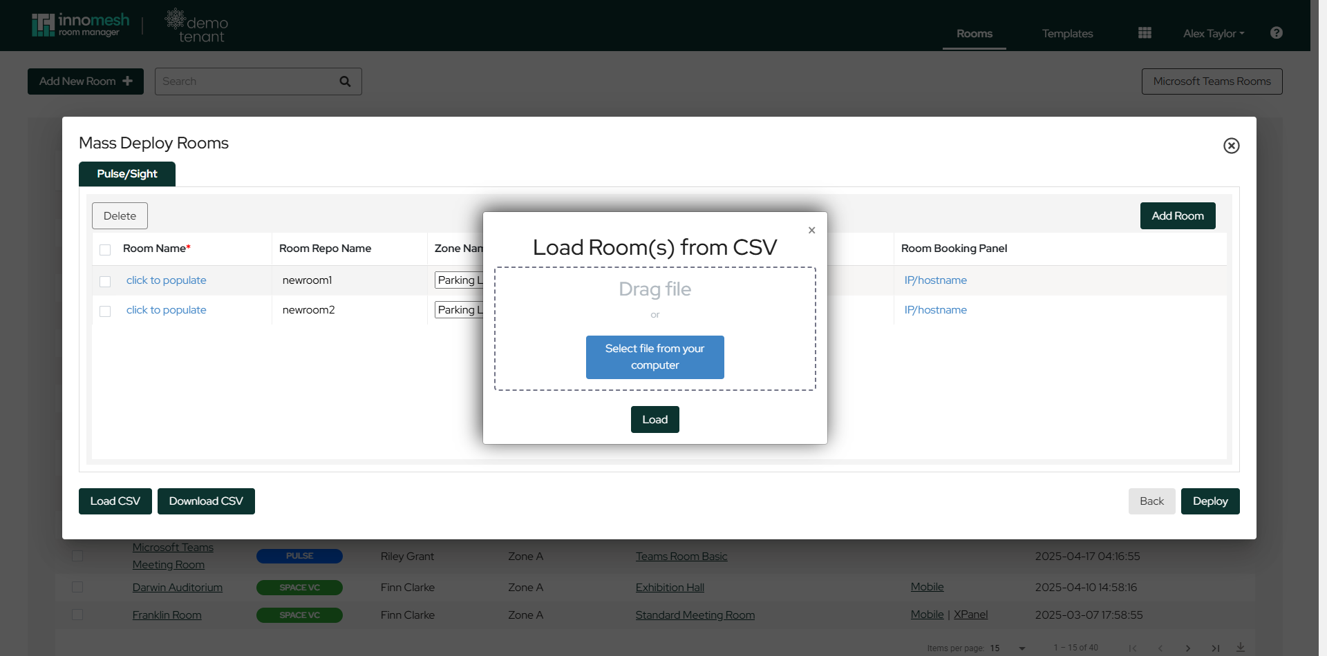 Load Rooms from CSV dialog with a drag-and-drop file area and Load button