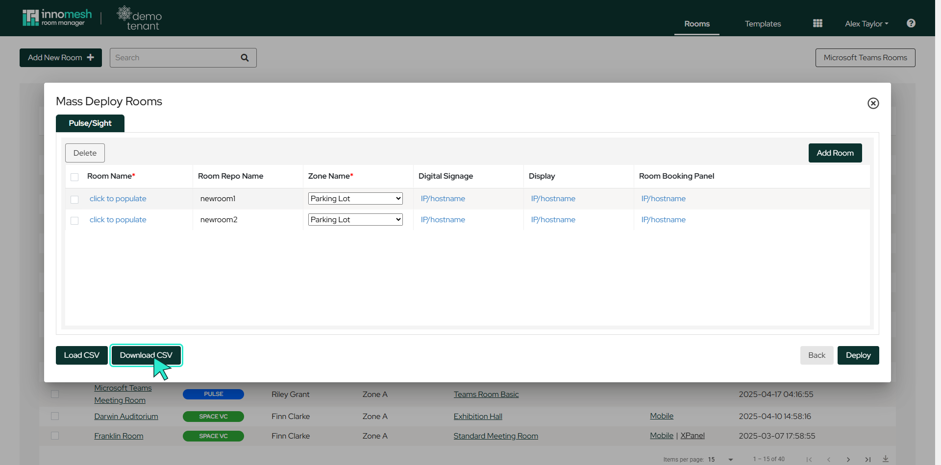 Mass Deploy Rooms view with the Download CSV button highlighted in the bottom left