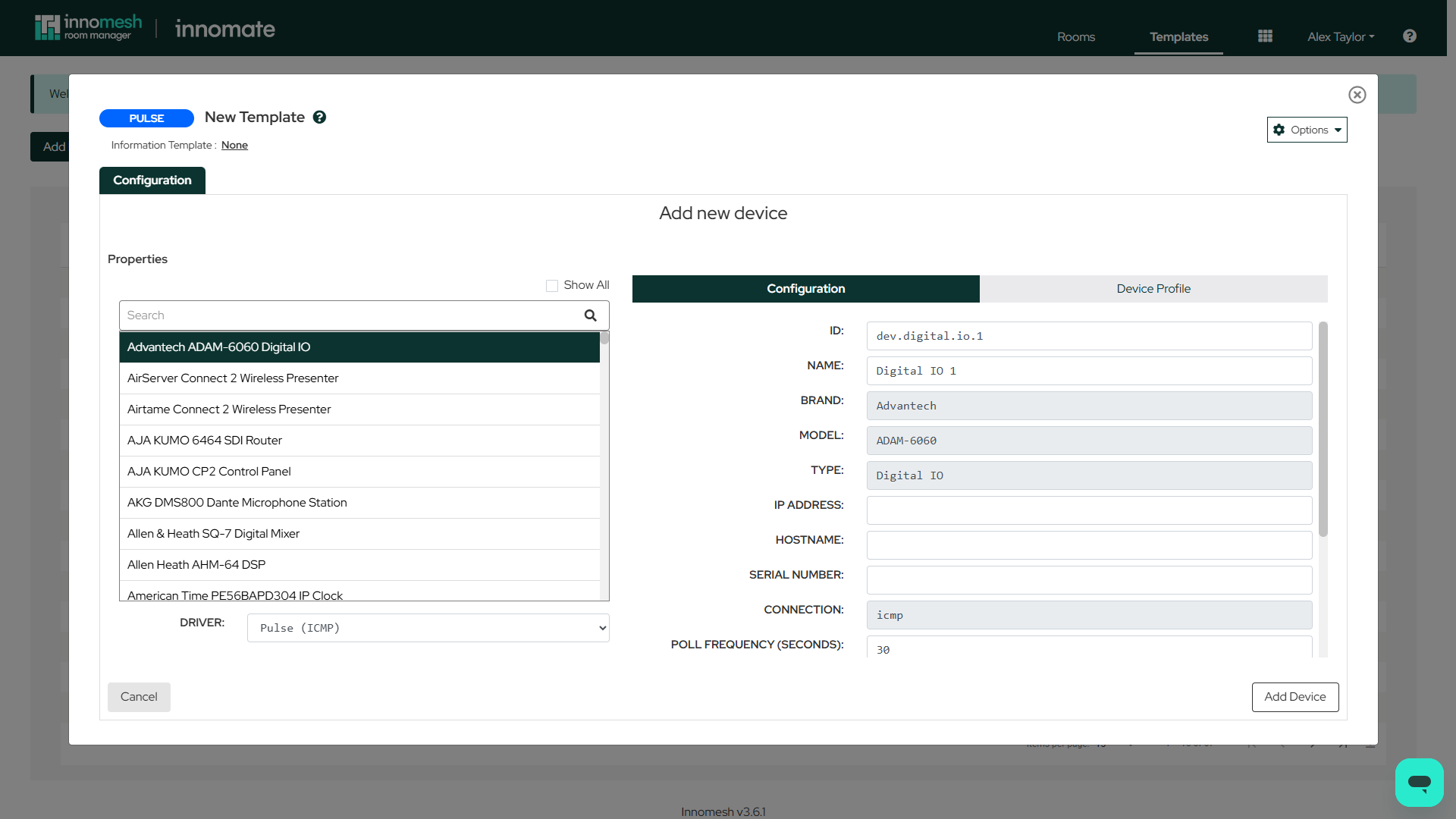 Add new device form with the asset profile list on the left and the pre-populated device details on the right