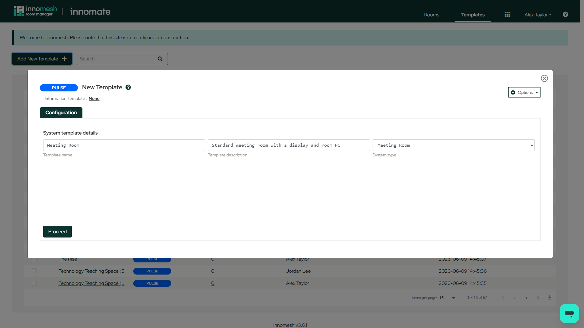 Pulse template configuration showing the template details and the Monitoring device list