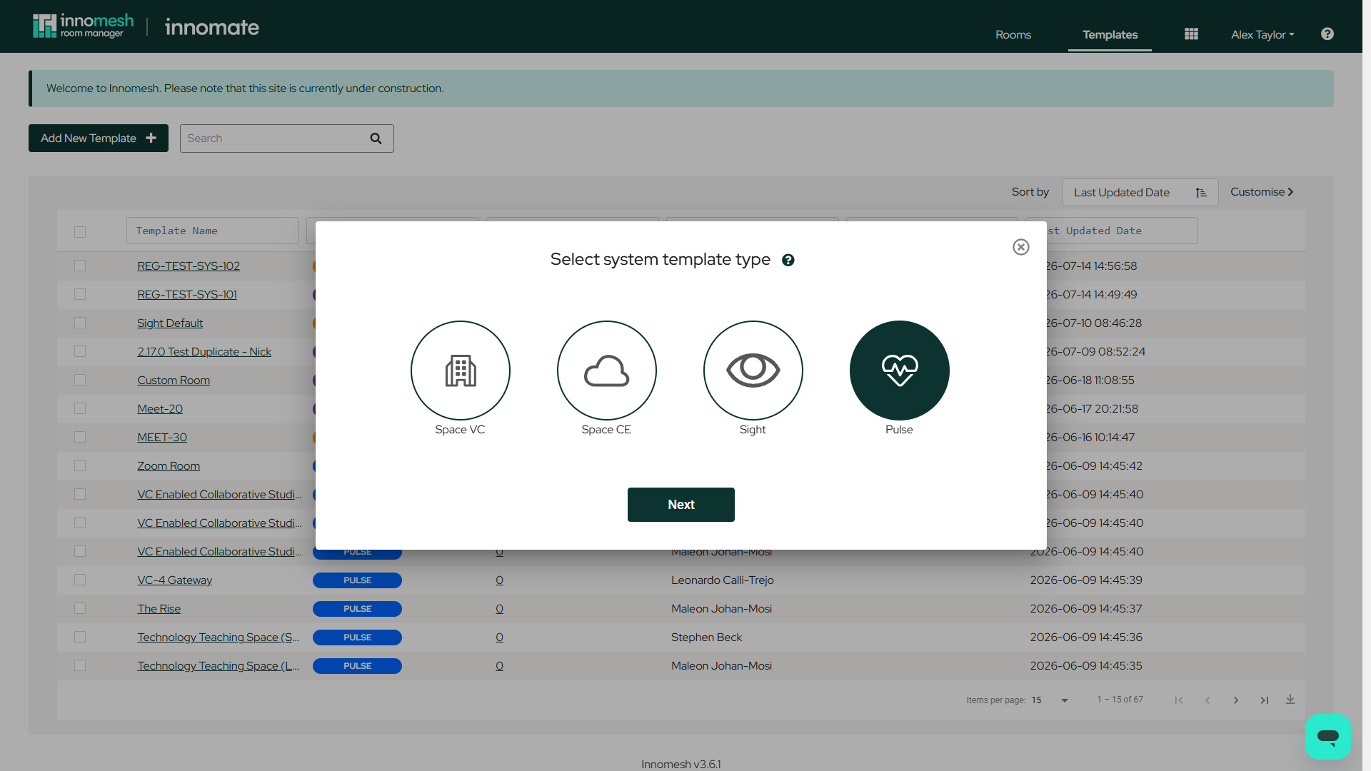 Select system template type dialog with Space VC, Space CE, Sight, and Pulse options, and Pulse selected