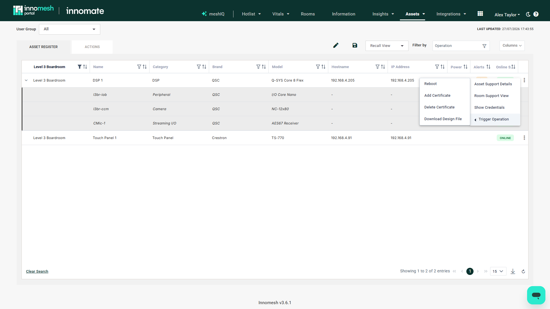 Assets Register row action menu with a Trigger Operation submenu listing Reboot, Add Certificate, Delete Certificate, and Download Design File