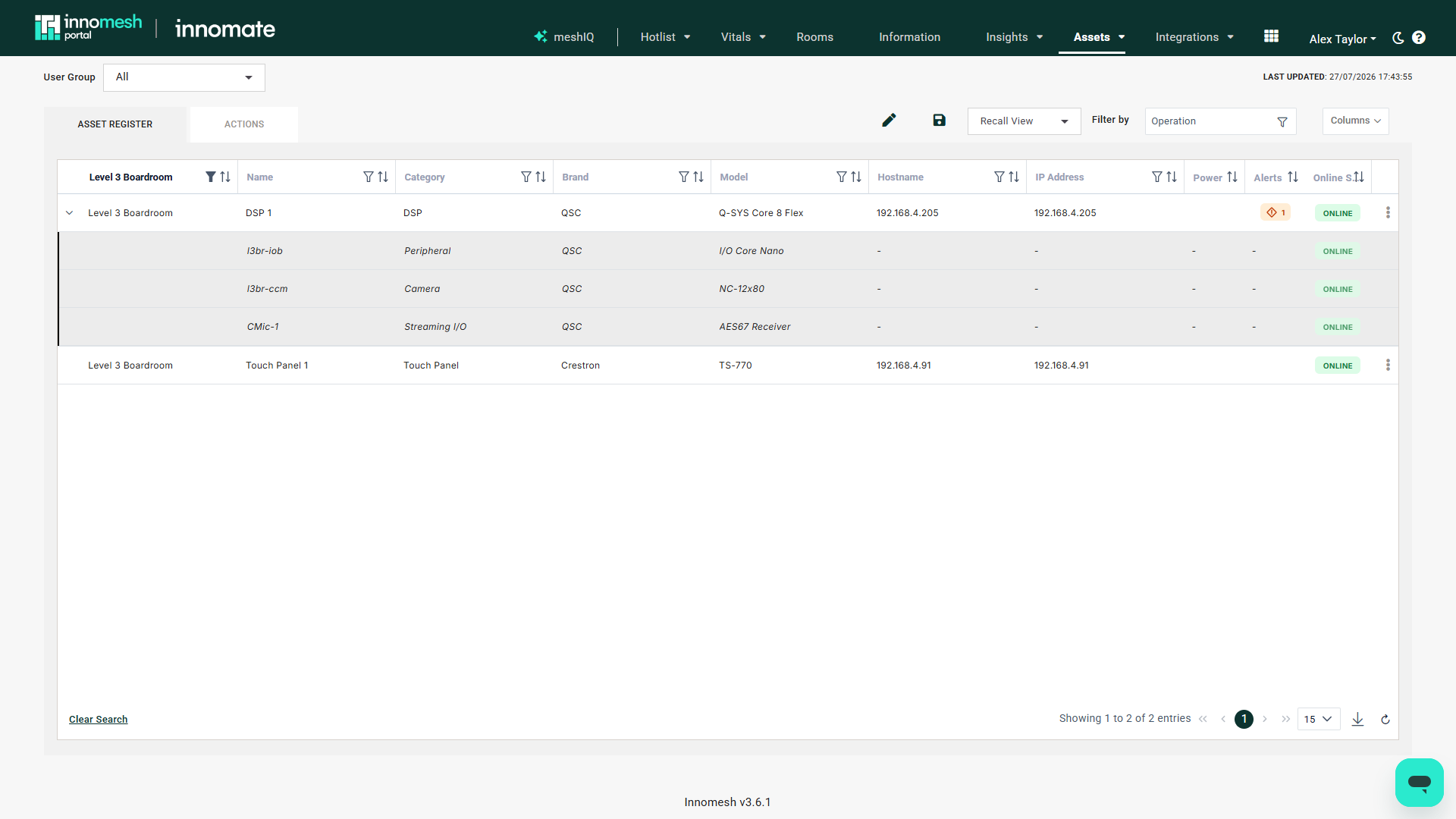 Assets Register with a Q-Sys core row expanded to show its peripherals as indented child rows