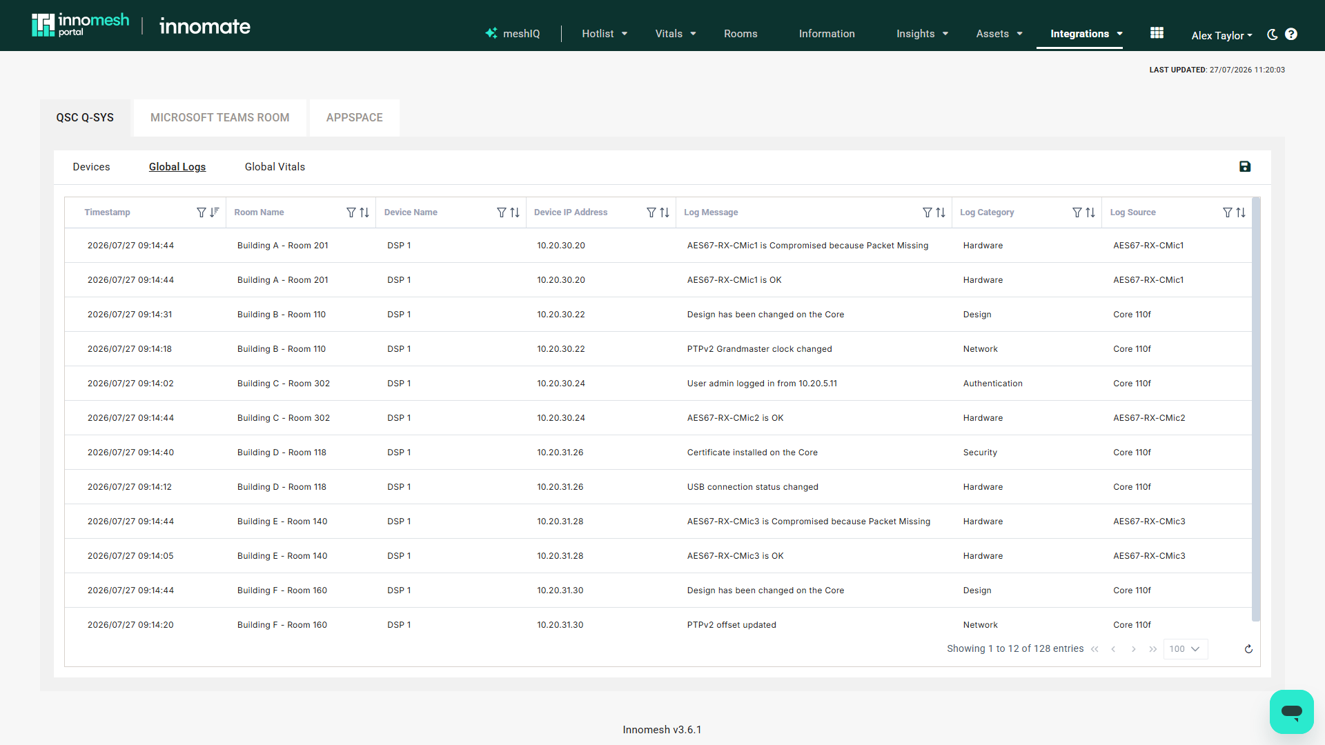 Q-Sys Global Logs table with timestamp, room, device, IP, message, category, and source columns