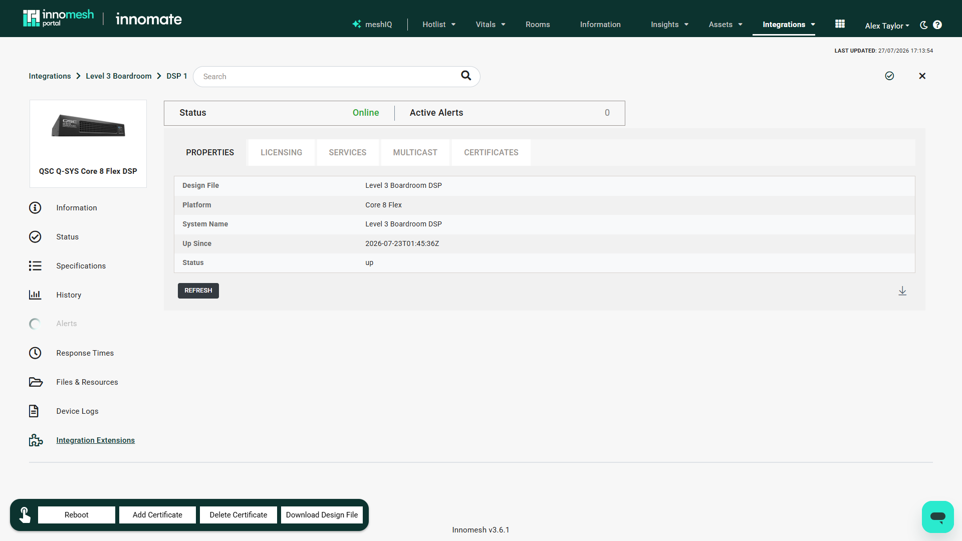 Integration Extensions tab showing Properties, Licensing, Services, Multicast, and Certificates sub-tabs