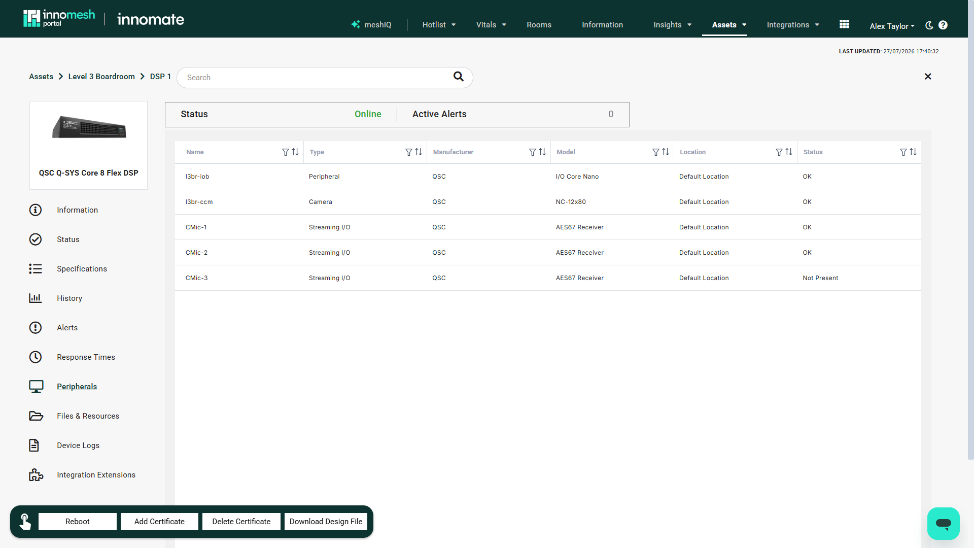 Peripherals tab listing devices attached to a Q-Sys core with name, type, manufacturer, model, location, and status