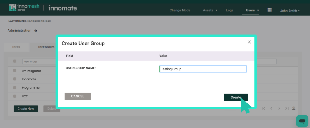 Create User Group dialog with a name entered and the Create button highlighted