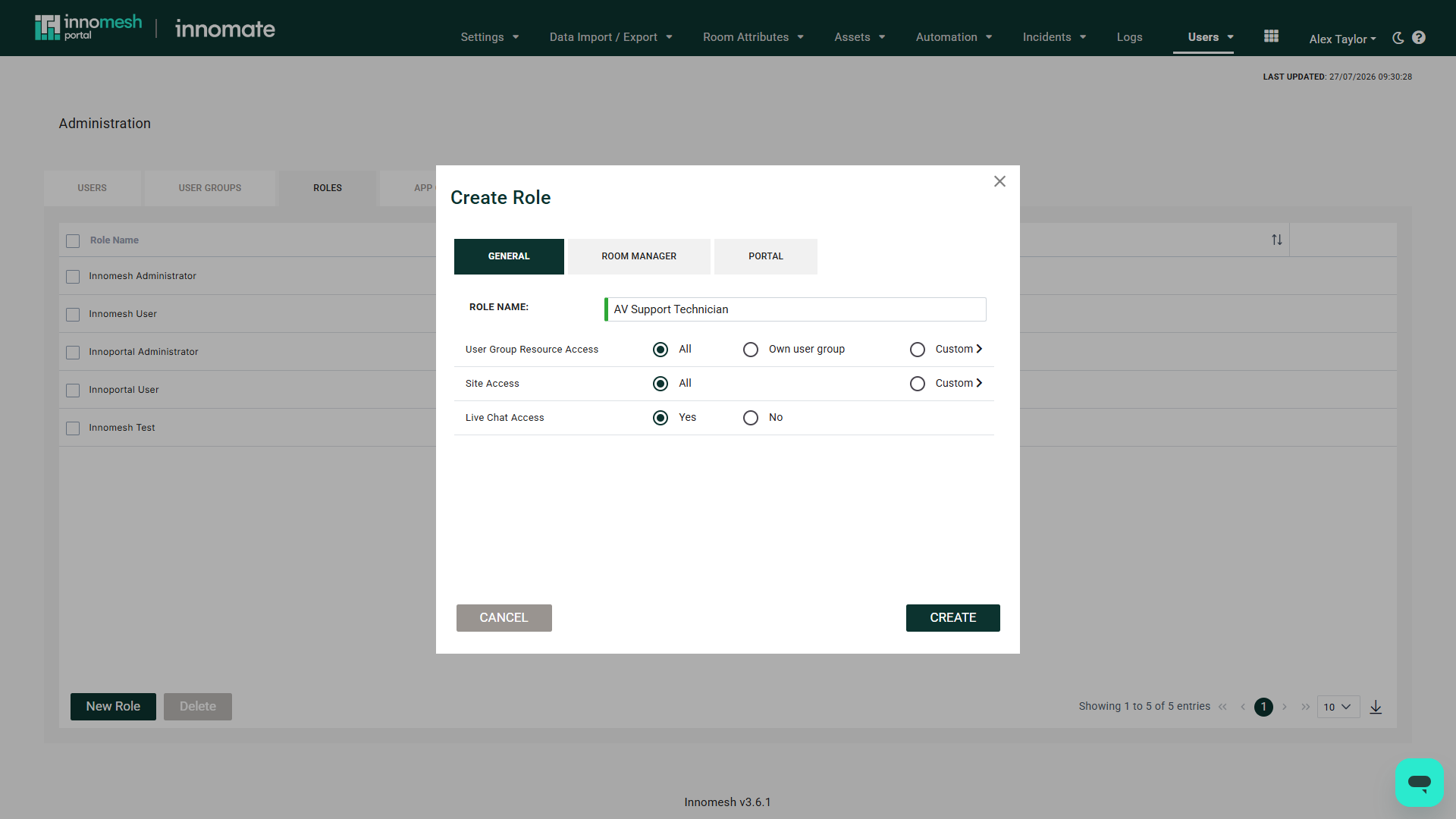 Edit Role General tab with User Group Resource Access set to Own user group