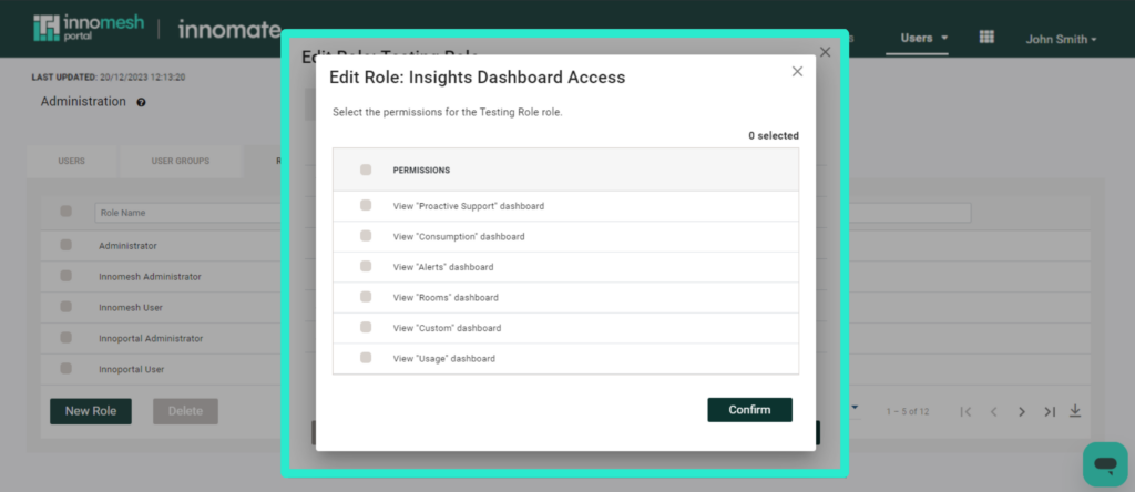 Insights Dashboard Access custom permissions picker for a role