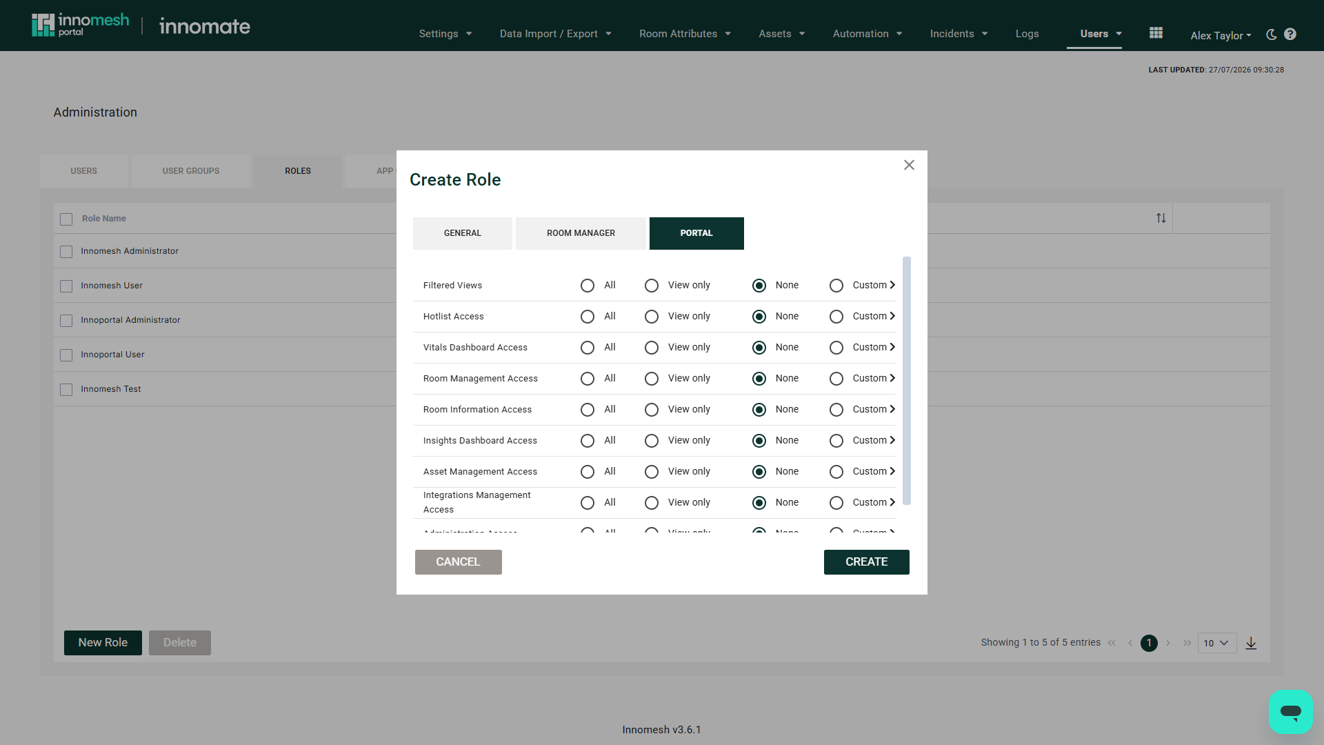 Portal tab listing Filtered Views, Hotlist, Vitals, Room Management, Room Information, Insights, Asset Management, Integrations Management, and Administration access areas