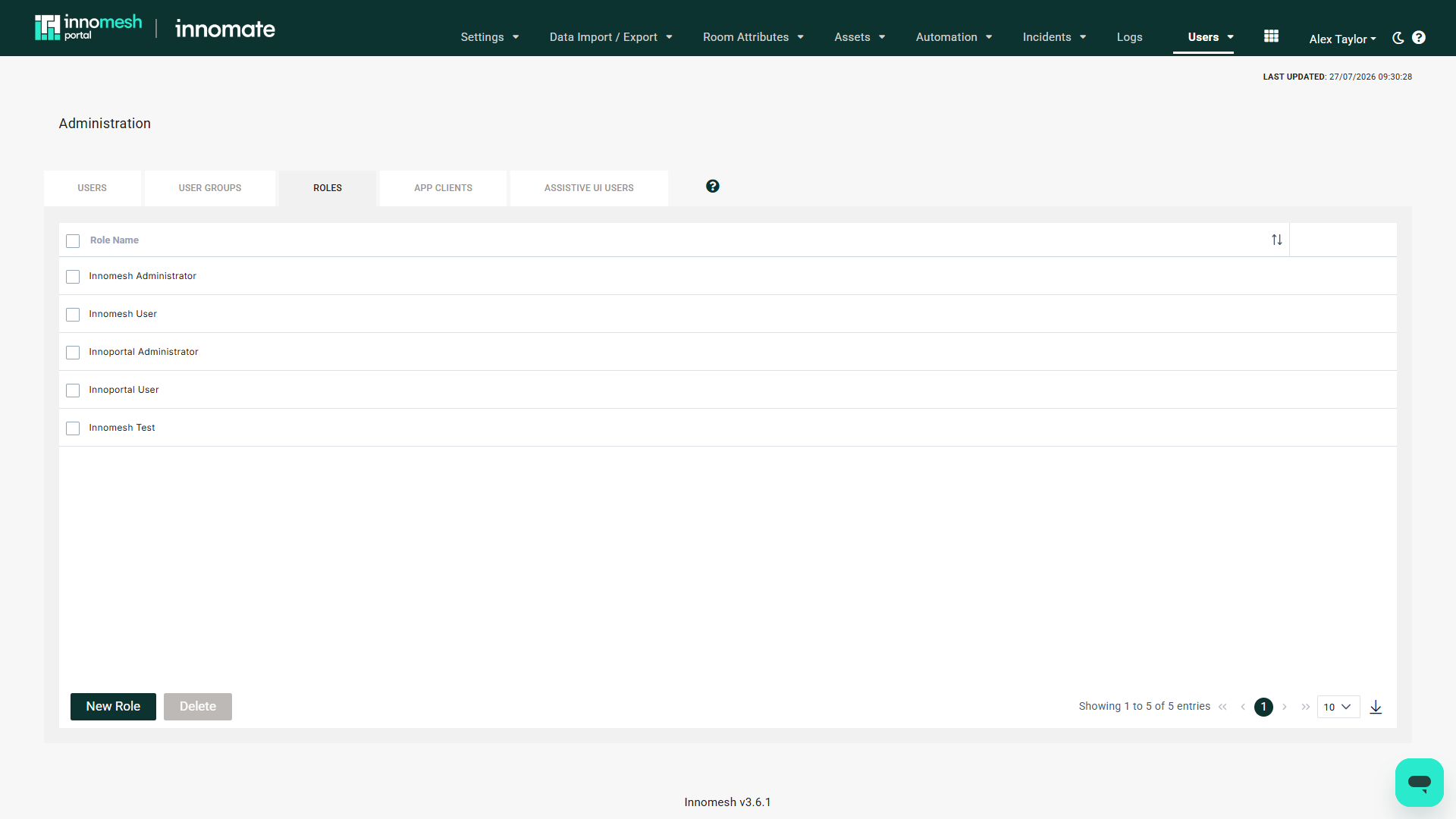 Roles tab listing built-in roles with the New Role button and row actions highlighted