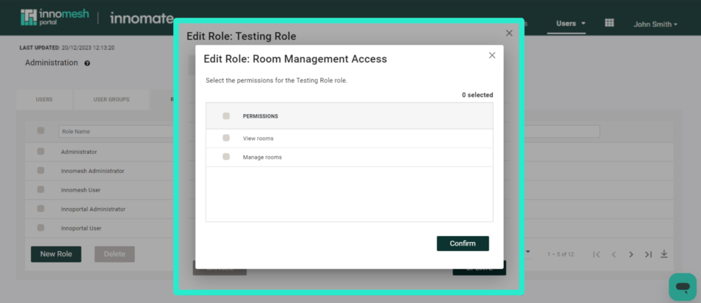 Room Management Access custom permissions picker for a role