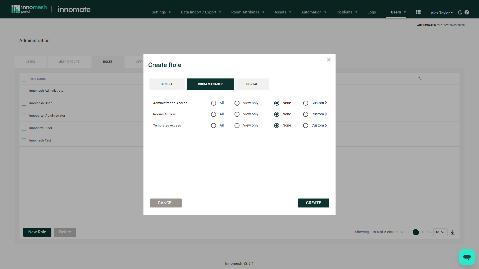Room Manager tab listing Administration, Rooms and Templates access areas