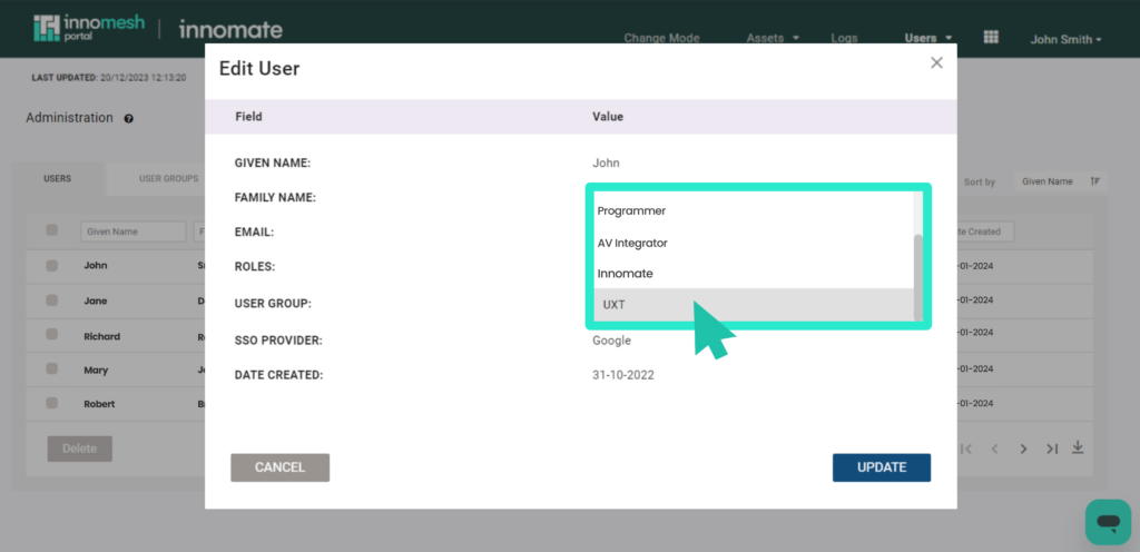 Edit User dialog with the user group dropdown open