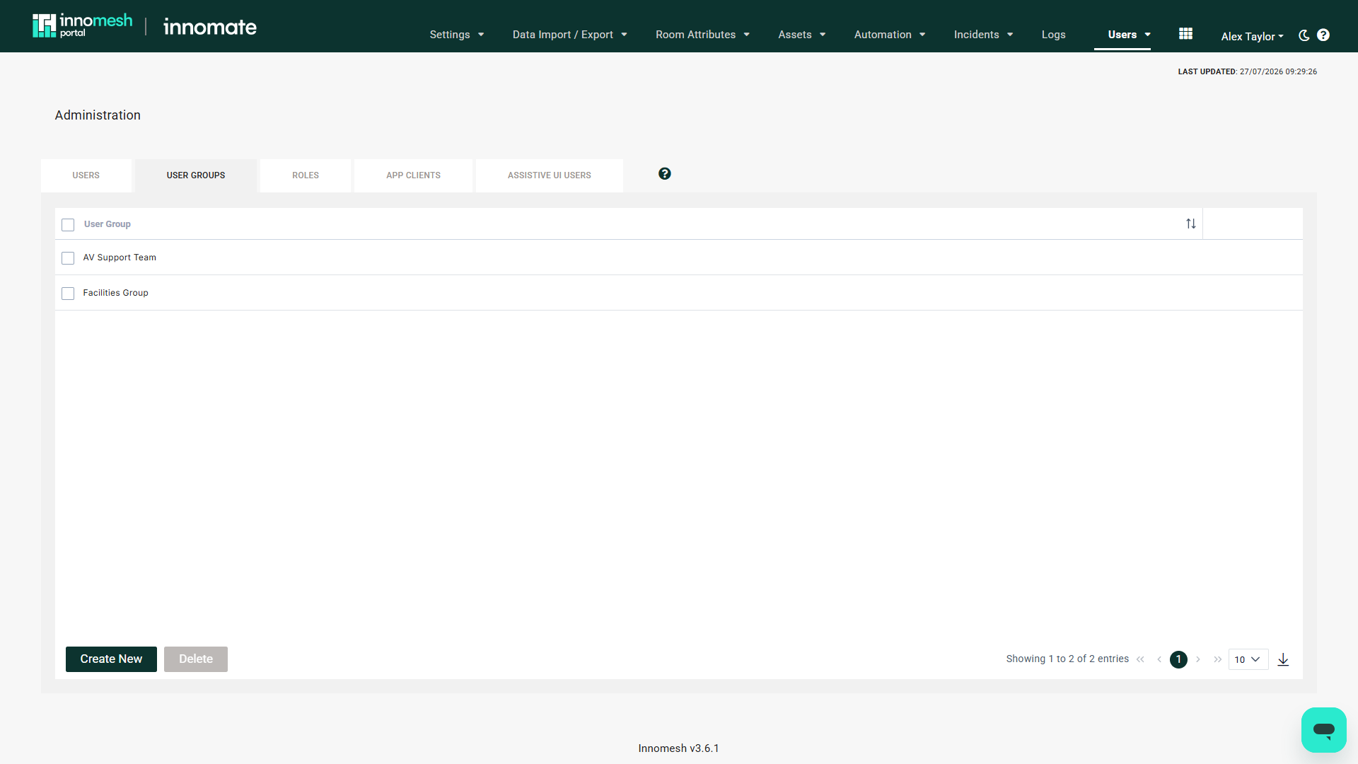 User Groups tab with the Create New and Delete buttons highlighted