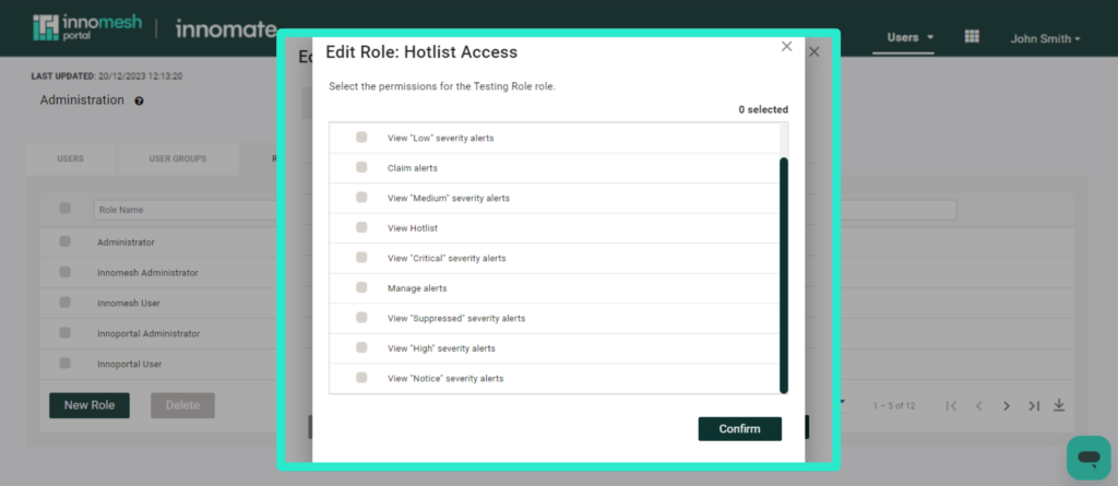 Vitals Dashboard Access custom permissions picker for a role