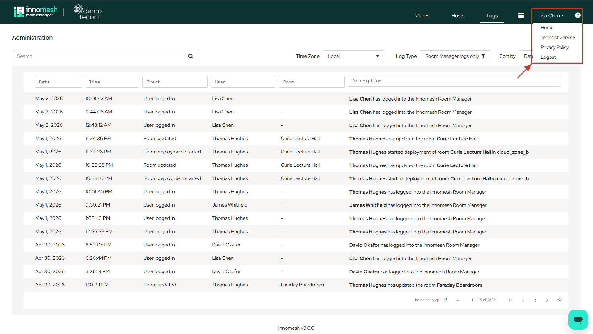 Administration page listing zones and hosts, with the user menu open showing the Administration link