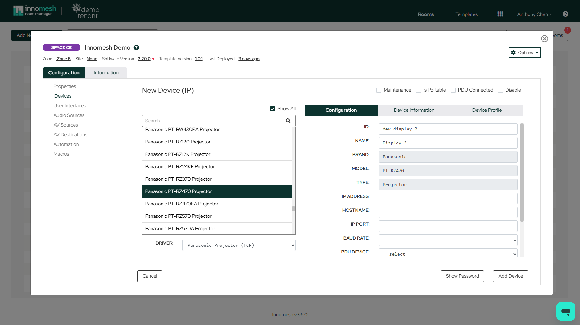 New Device view with a searchable projector model list and driver dropdown on the left, and Configuration tab fields for ID, name, IP address, port, and baud rate on the right