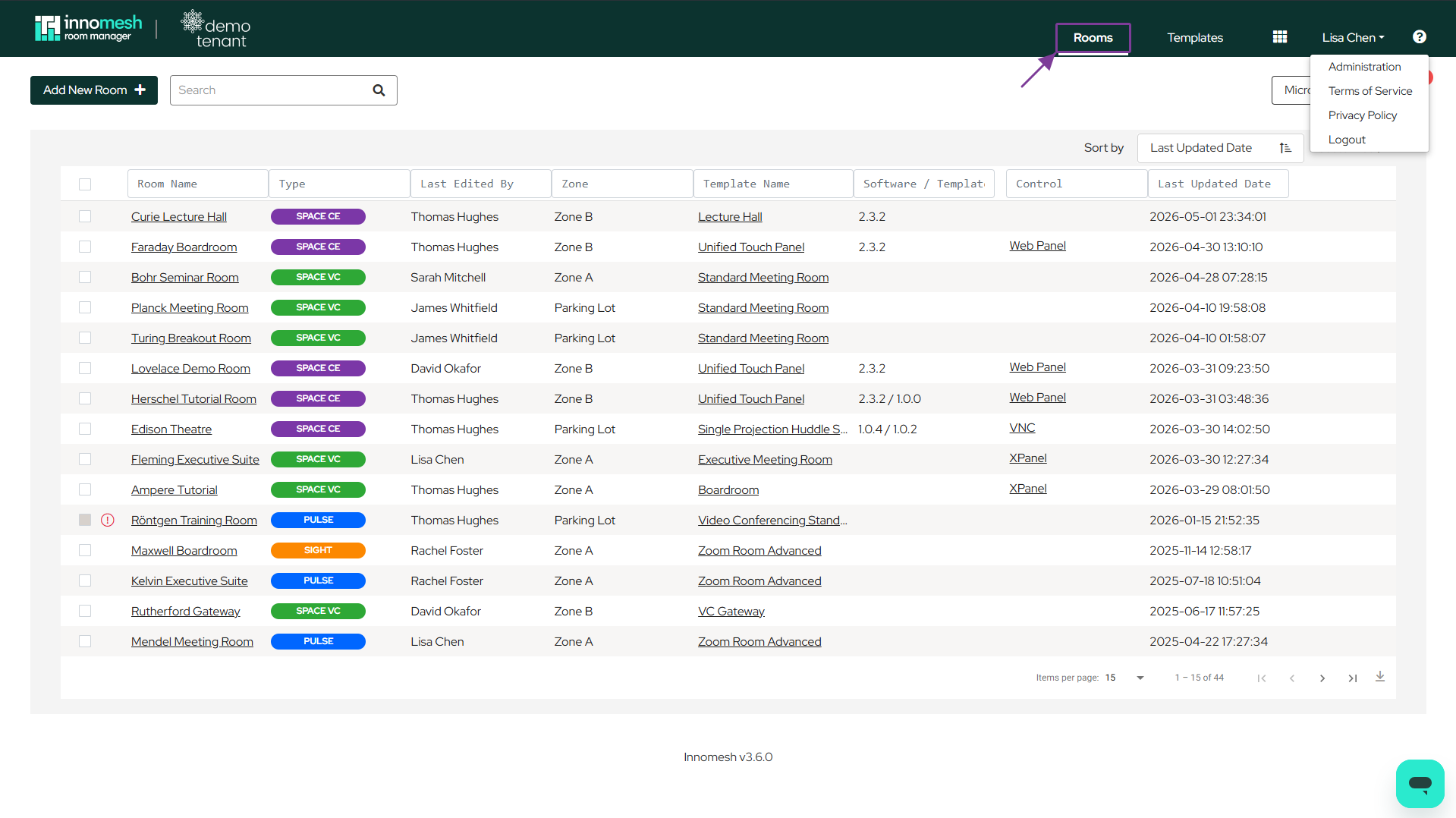 Rooms tab highlighted in the Room Manager top navigation, above the rooms list