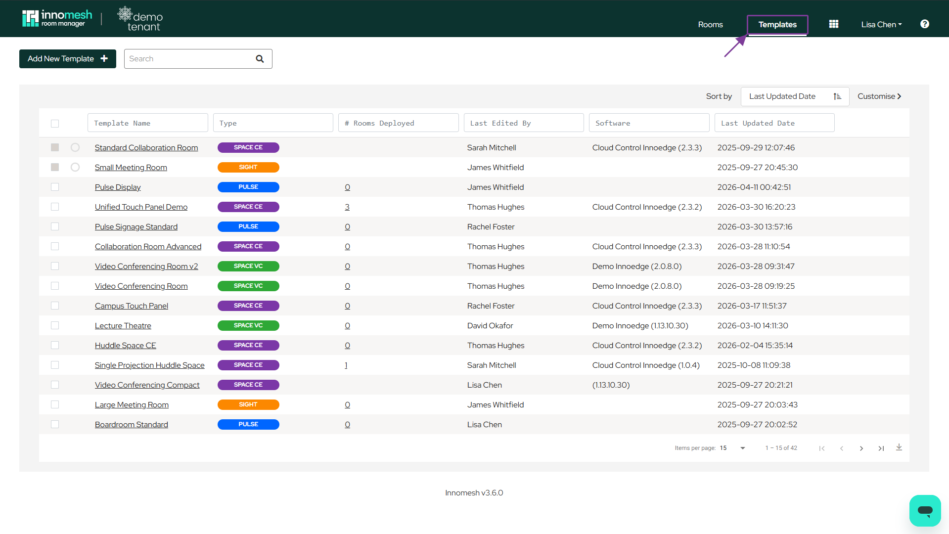 Templates tab highlighted in the Room Manager top navigation, showing the templates list with Type and # Rooms Deployed columns