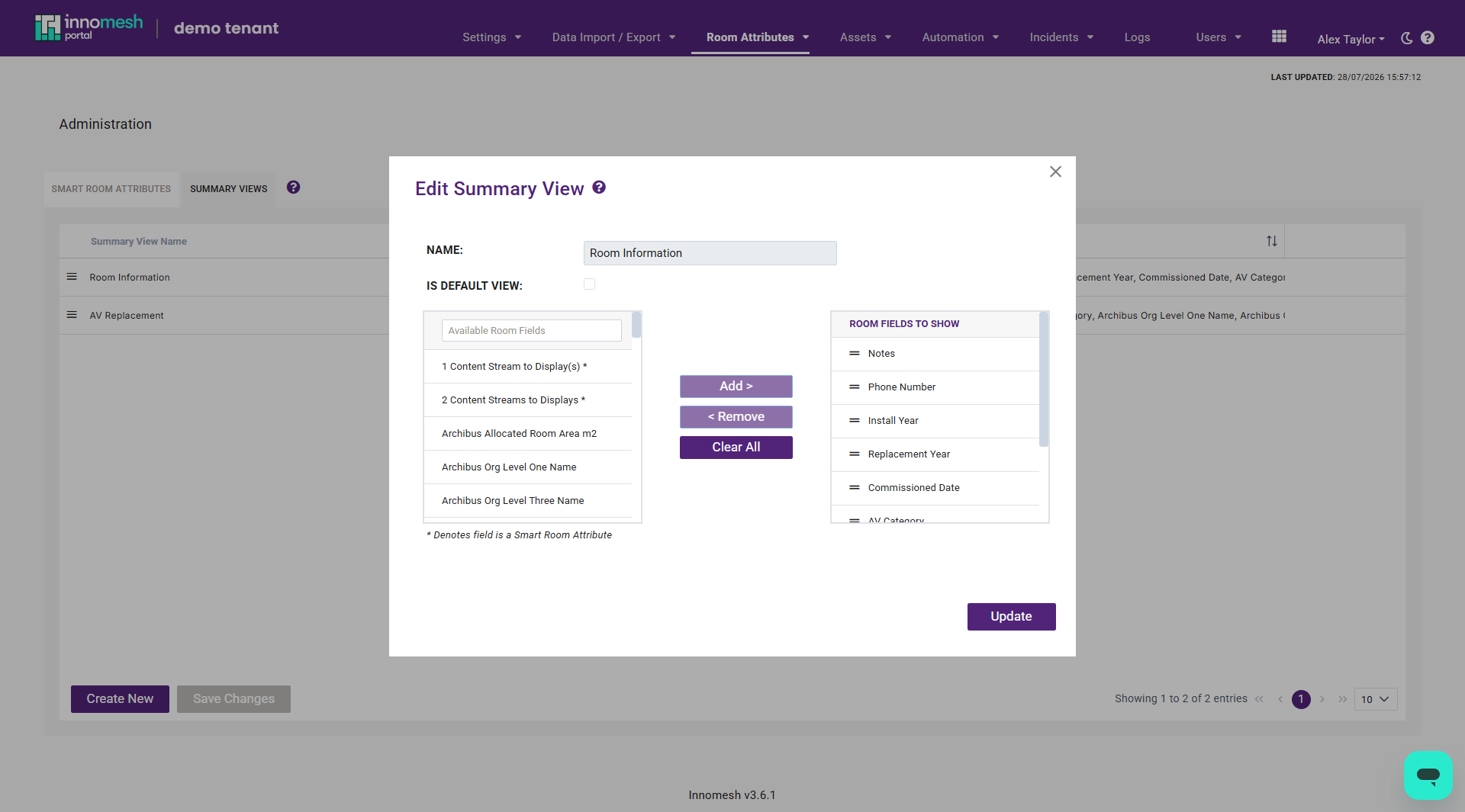 Room Summary View configuration showing field selection and ordering