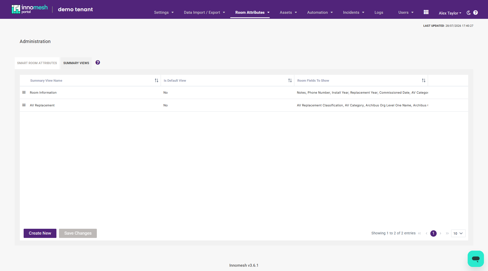 Summary Views management page listing each view with its name, default status, and the room fields it shows