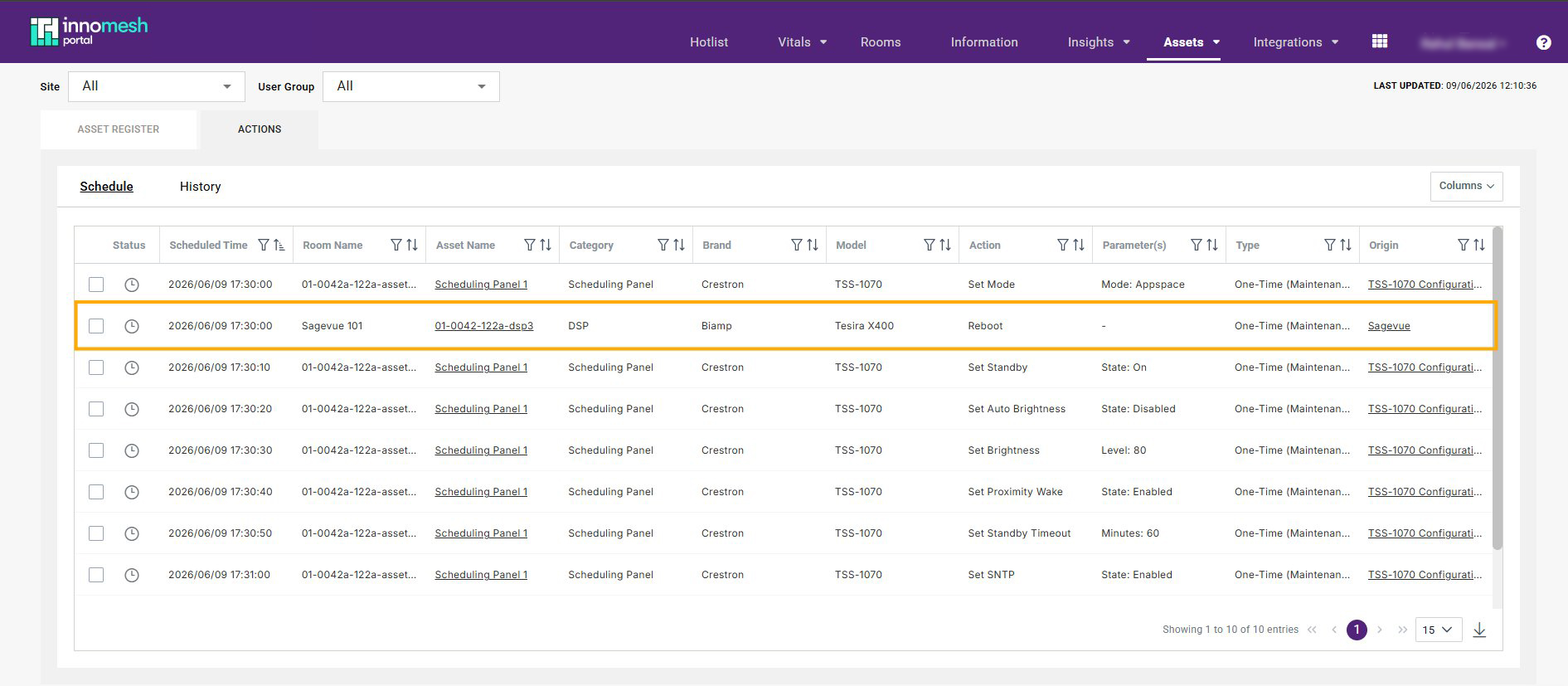 Actions schedule listing a Reboot for a Biamp Tesira X400 DSP with the Origin column naming the source policy