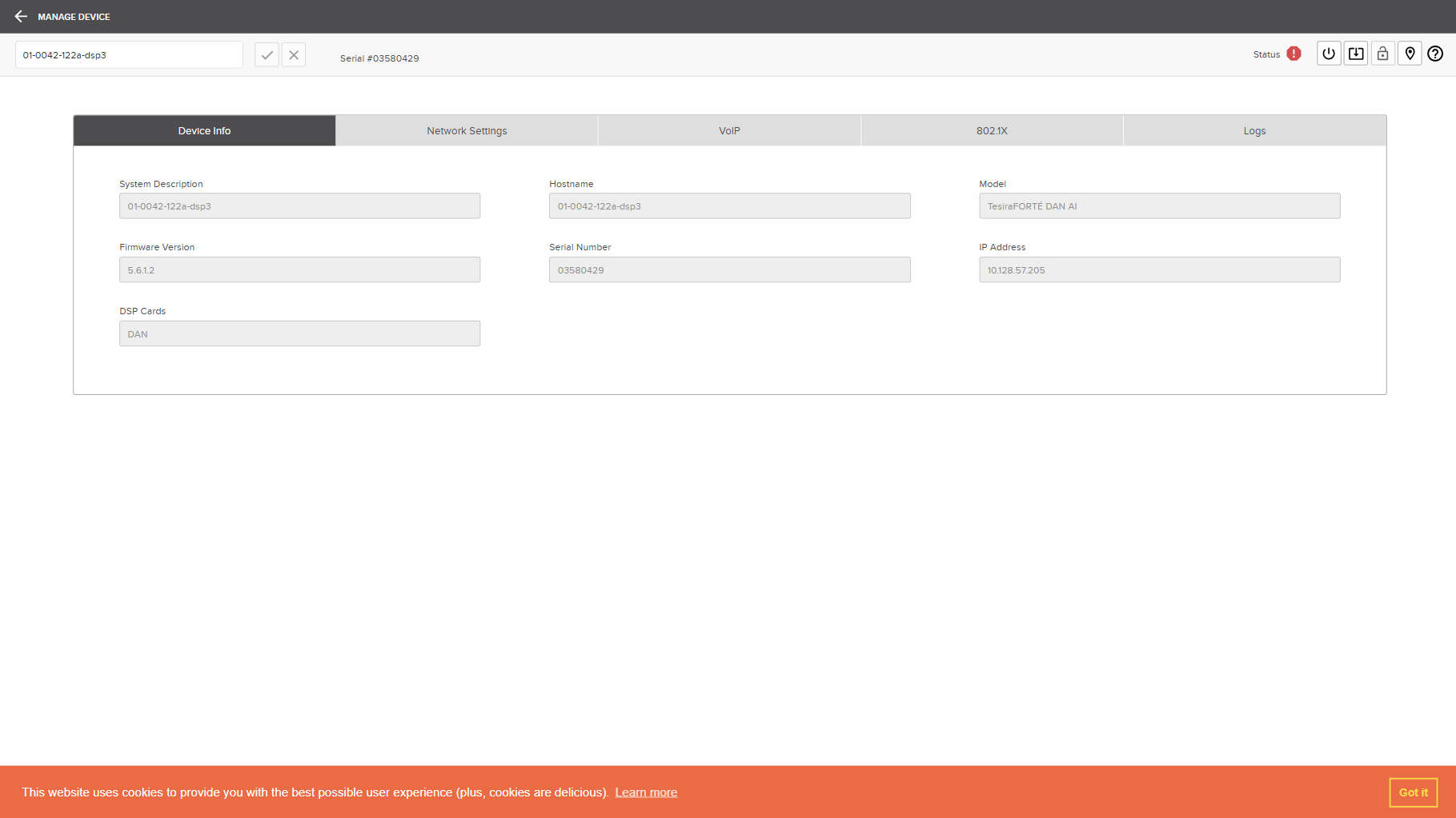 SageVue Manage Device, Device Info tab, showing the device system description, hostname, model, firmware, serial number, and IP address