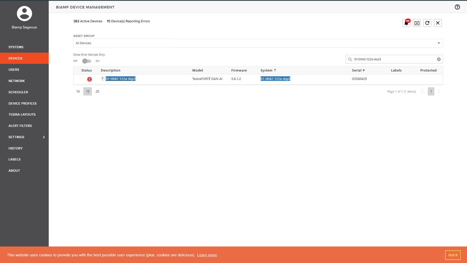 SageVue Biamp Device Management page listing a device with an error status, model TesiraFORTE DAN AI, and serial number