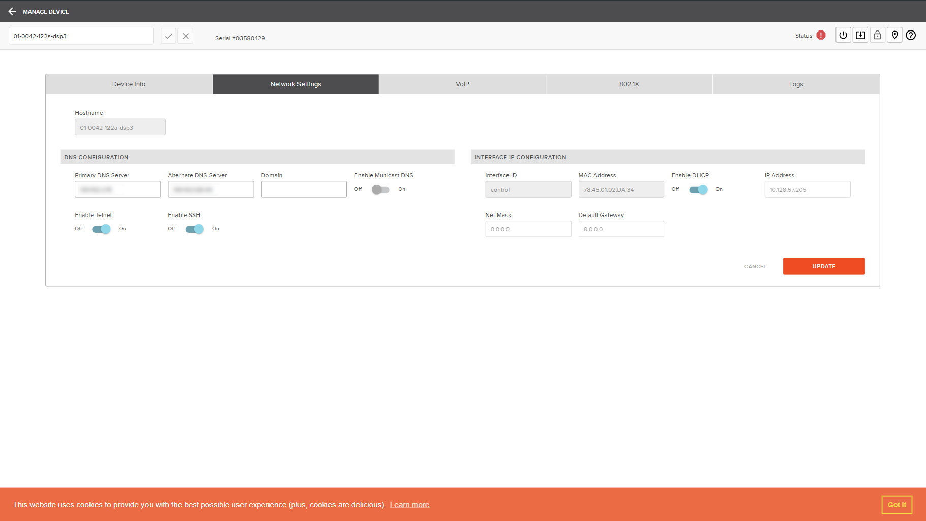 SageVue Manage Device, Network Settings tab, showing the interface MAC address alongside DNS and IP configuration