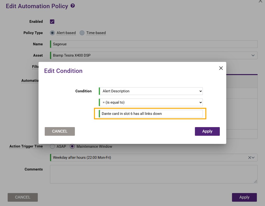 Edit Condition dialog matching Alert Description equal to Dante card in slot 6 has all links down, within an alert-based policy set to trigger in a maintenance window