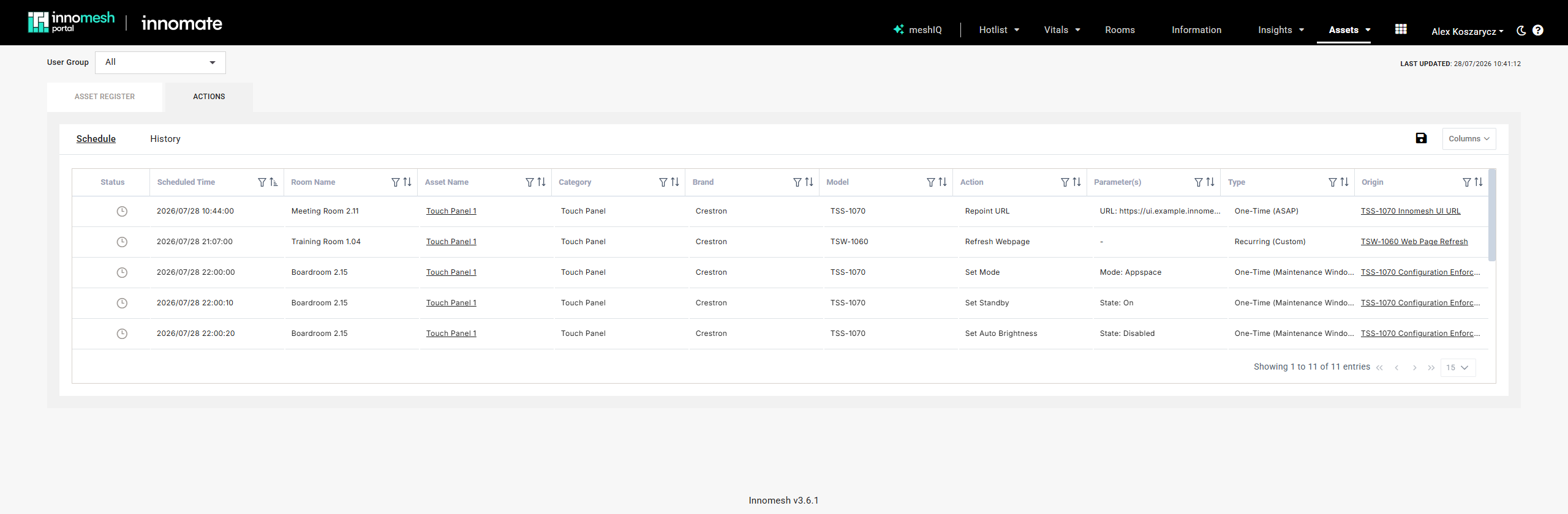 Schedule tab listing six pending actions with clock status icons, scheduled time, room, asset, action, parameters, type, and origin columns