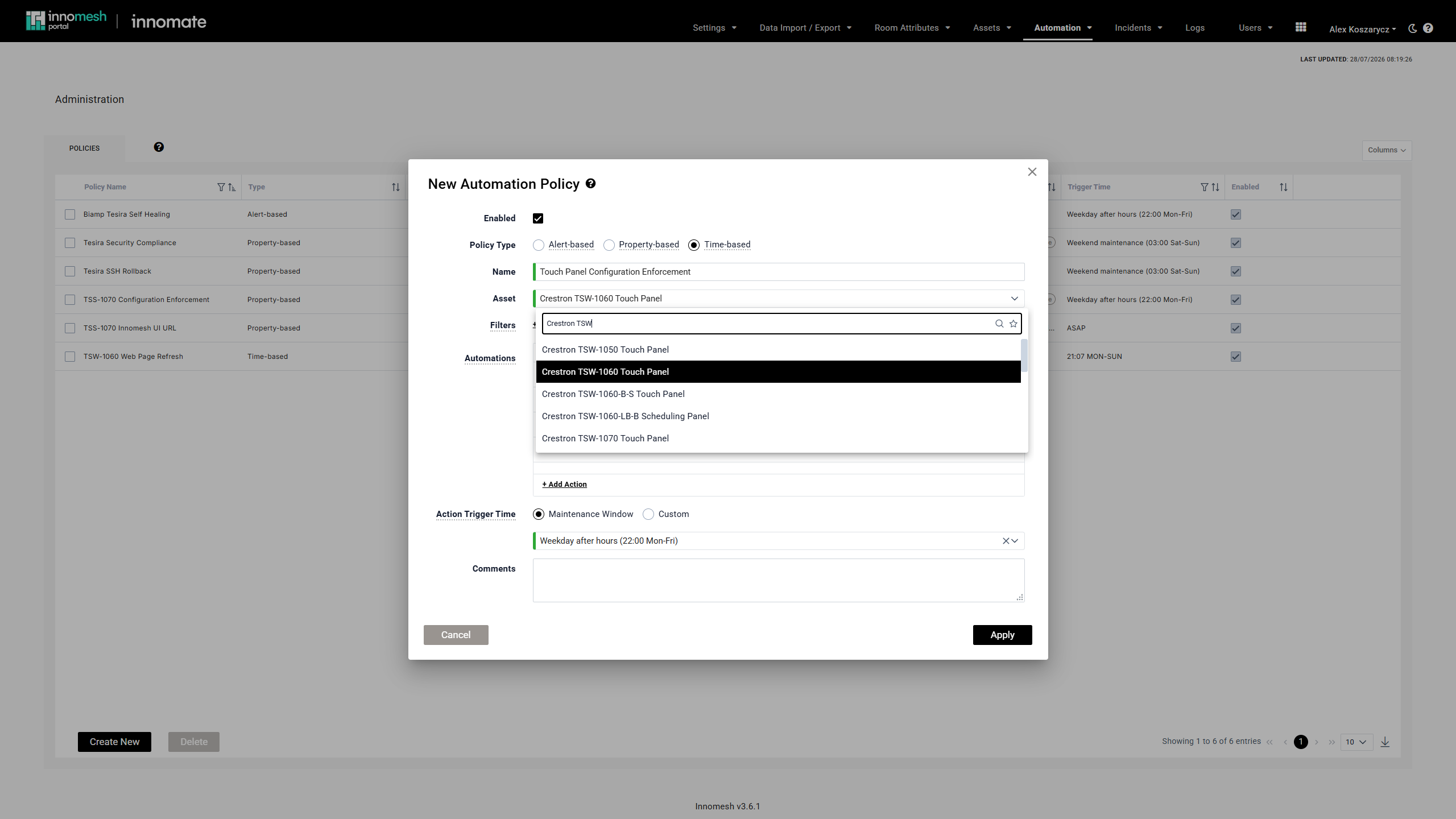 Asset dropdown with Crestron TSW typed in its search field, narrowing the list to matching panels