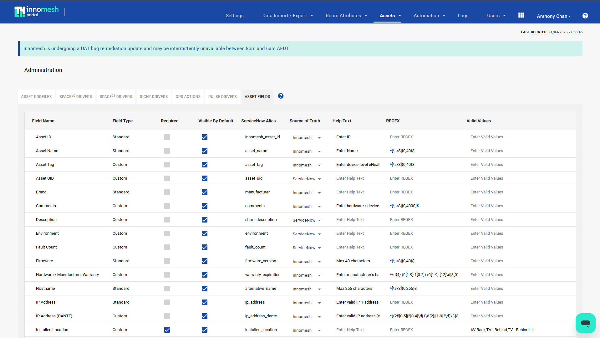 Asset Fields administration page in Innomesh Portal showing all configurable columns