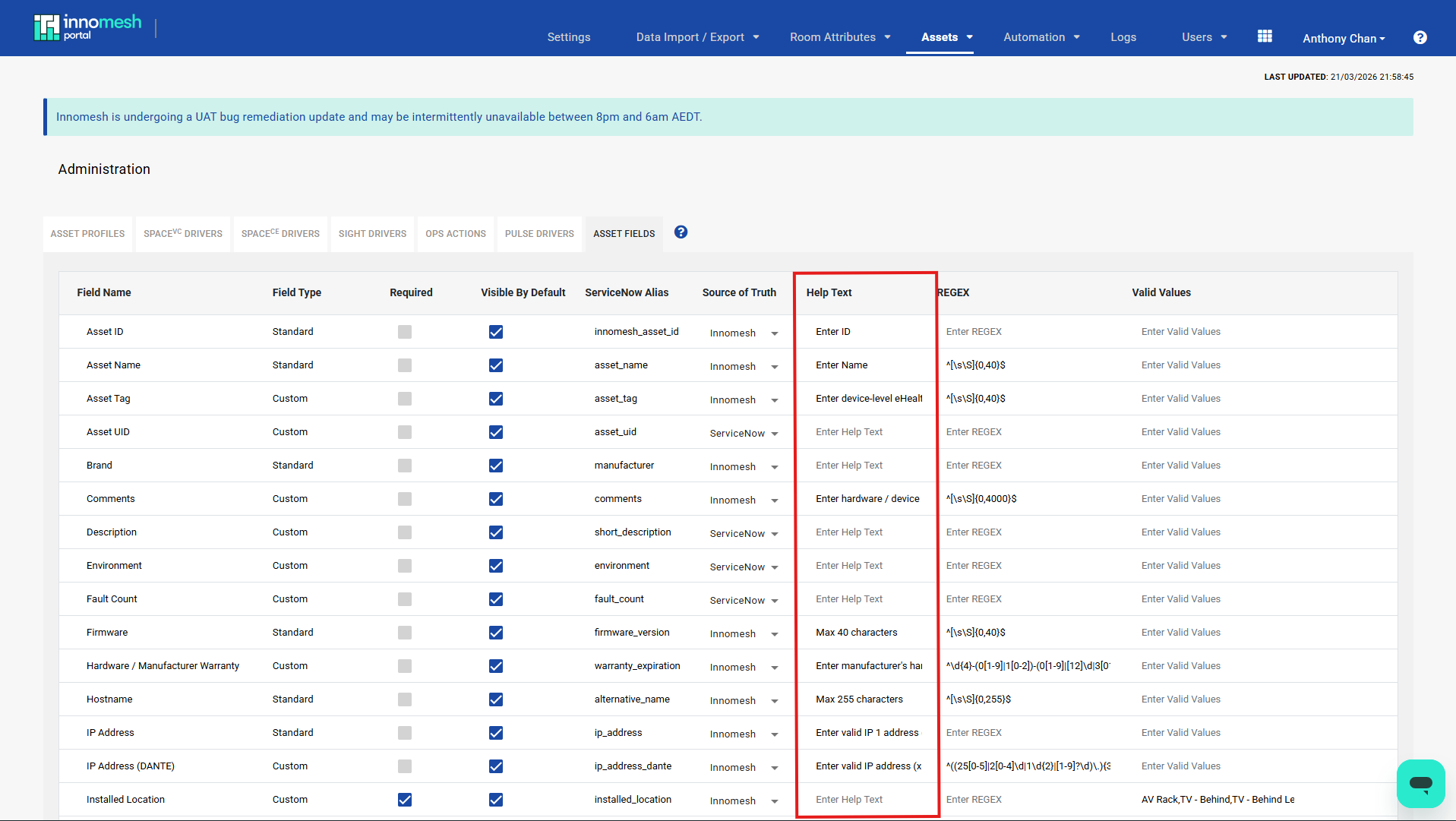 Asset Fields administration page with the Help Text column populated