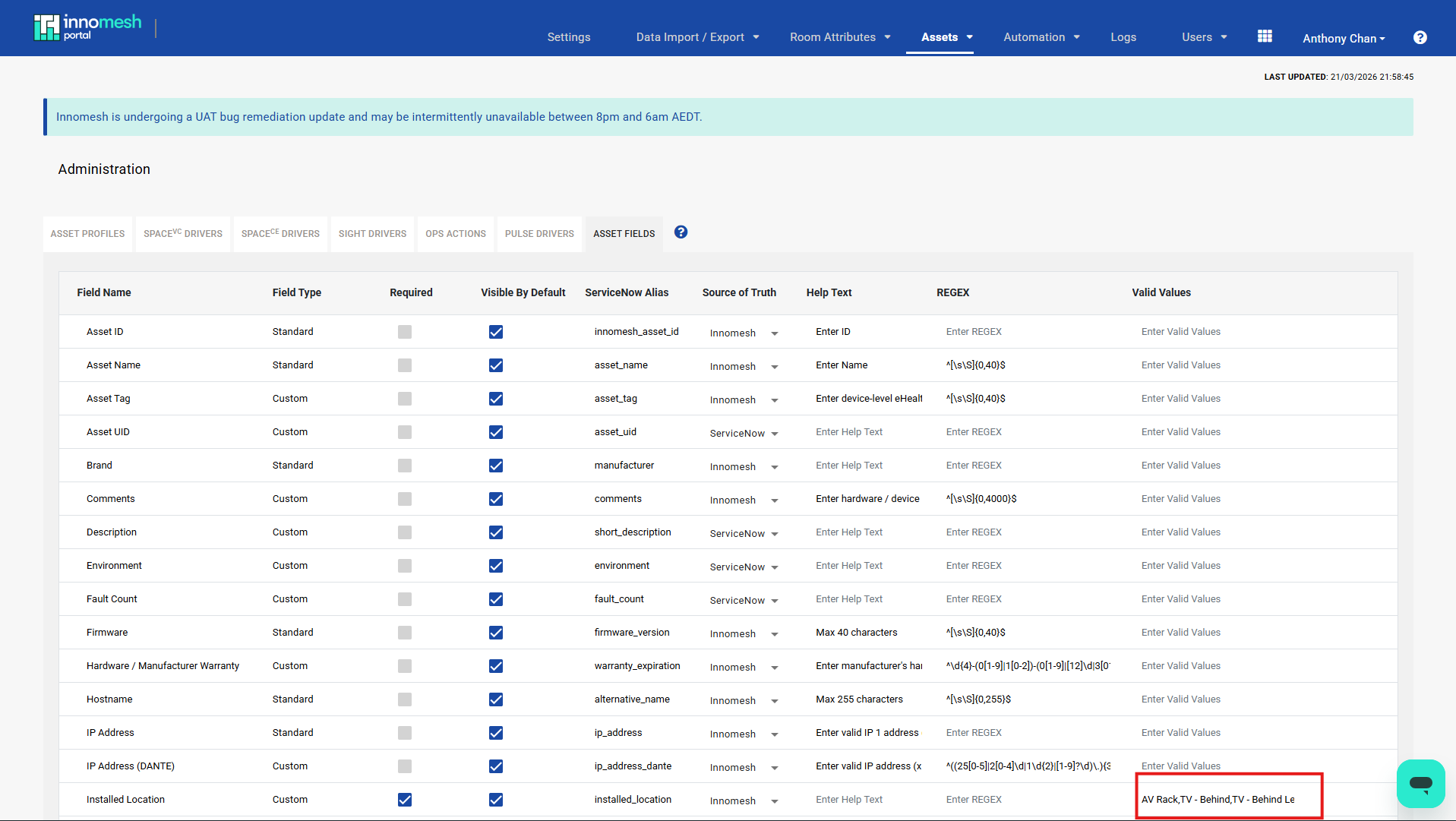Asset Fields administration page showing Valid Values for the Installed Location field