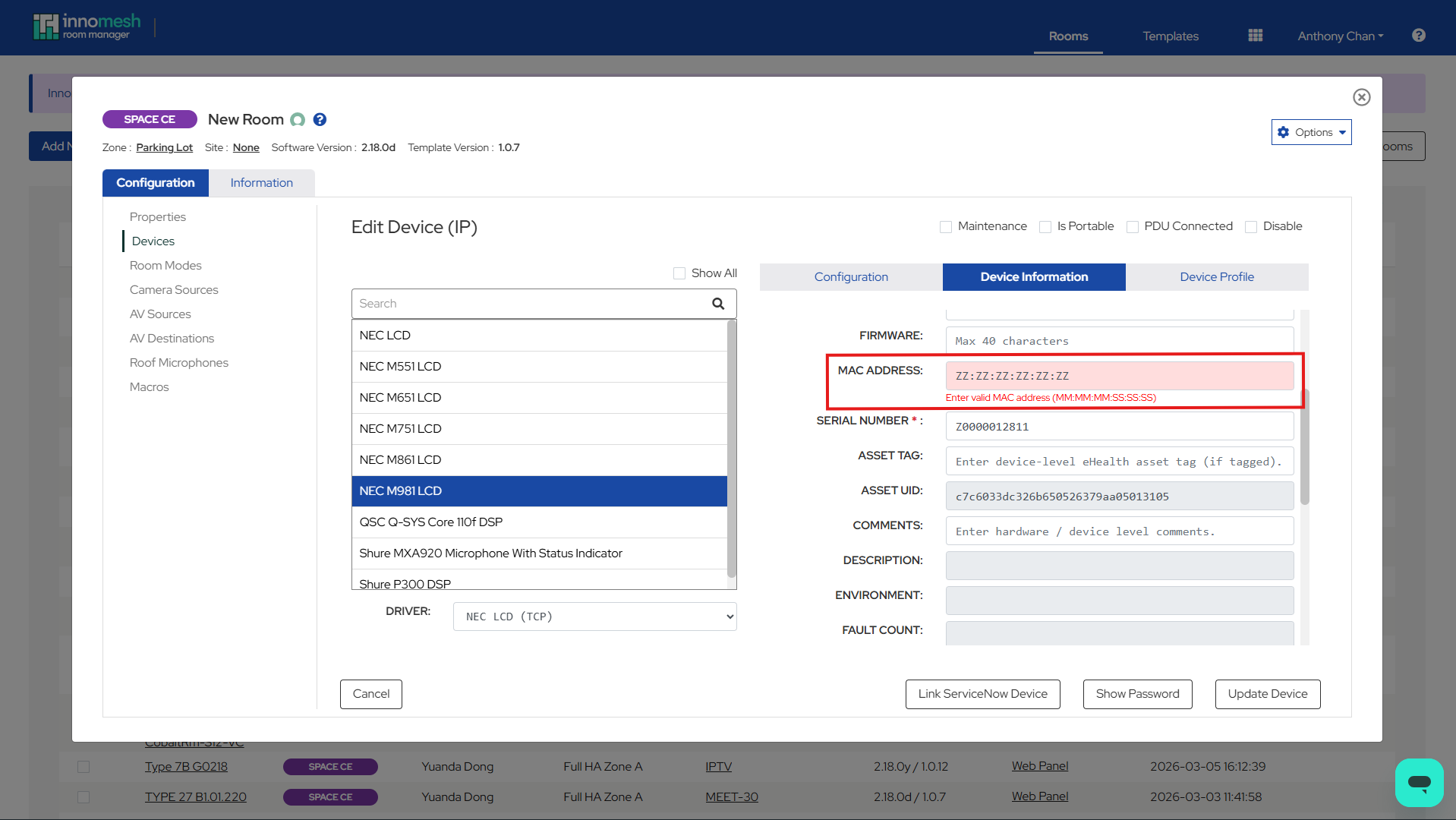 Room Manager warning shown when a field value fails REGEX validation