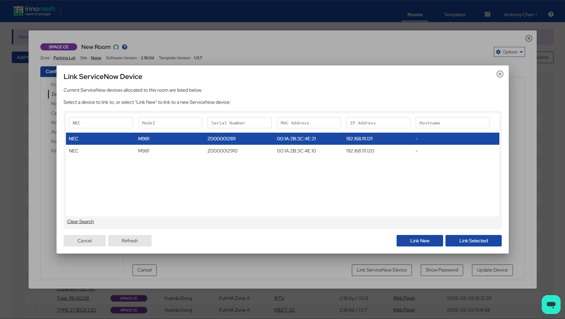Link ServiceNow Device dialog listing candidate devices with a Link New option