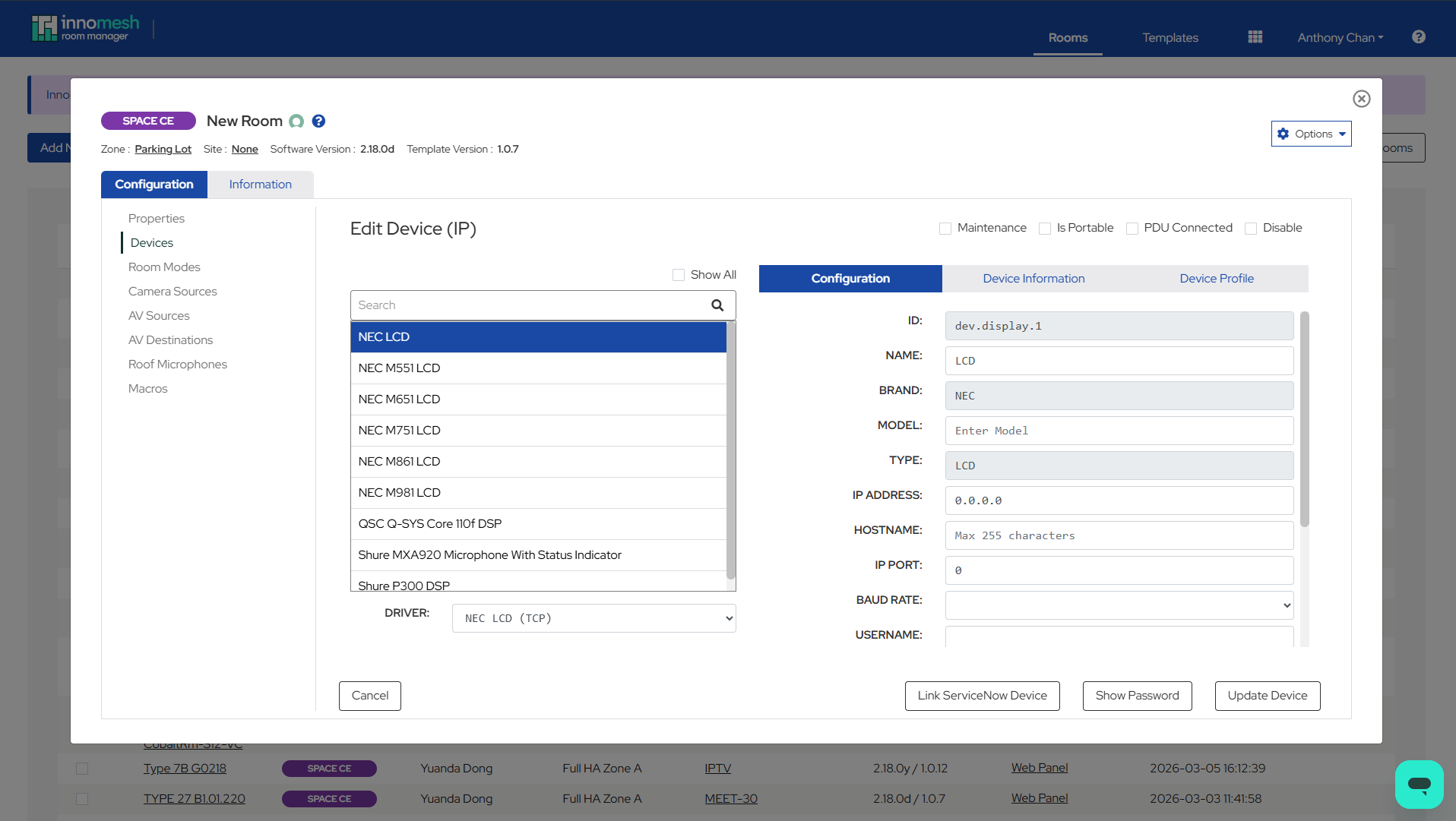 Edit Device dialog with the Link ServiceNow Device button available