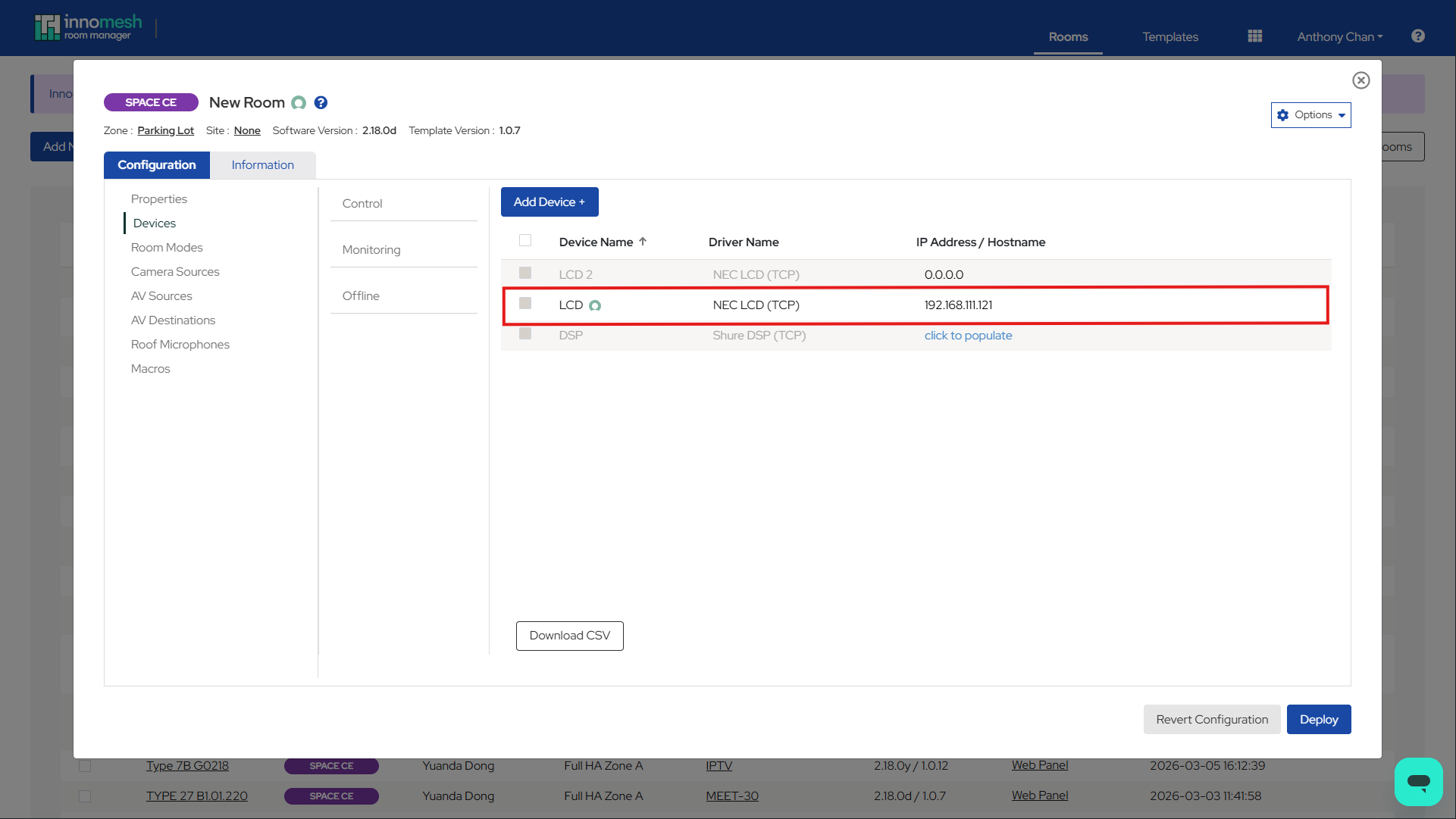 Device row in Room Manager showing the ServiceNow linked icon