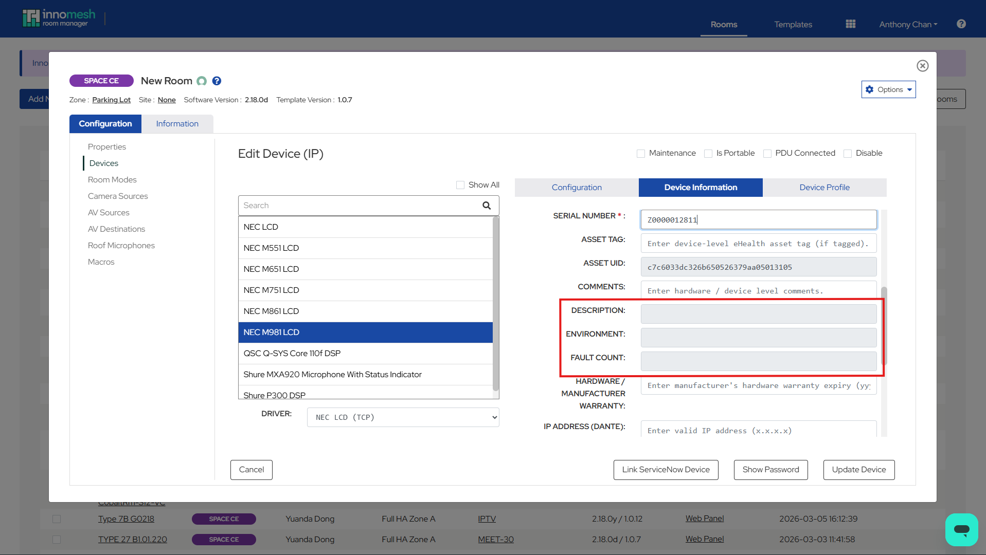 Device edit form with greyed-out fields where ServiceNow is the source of truth