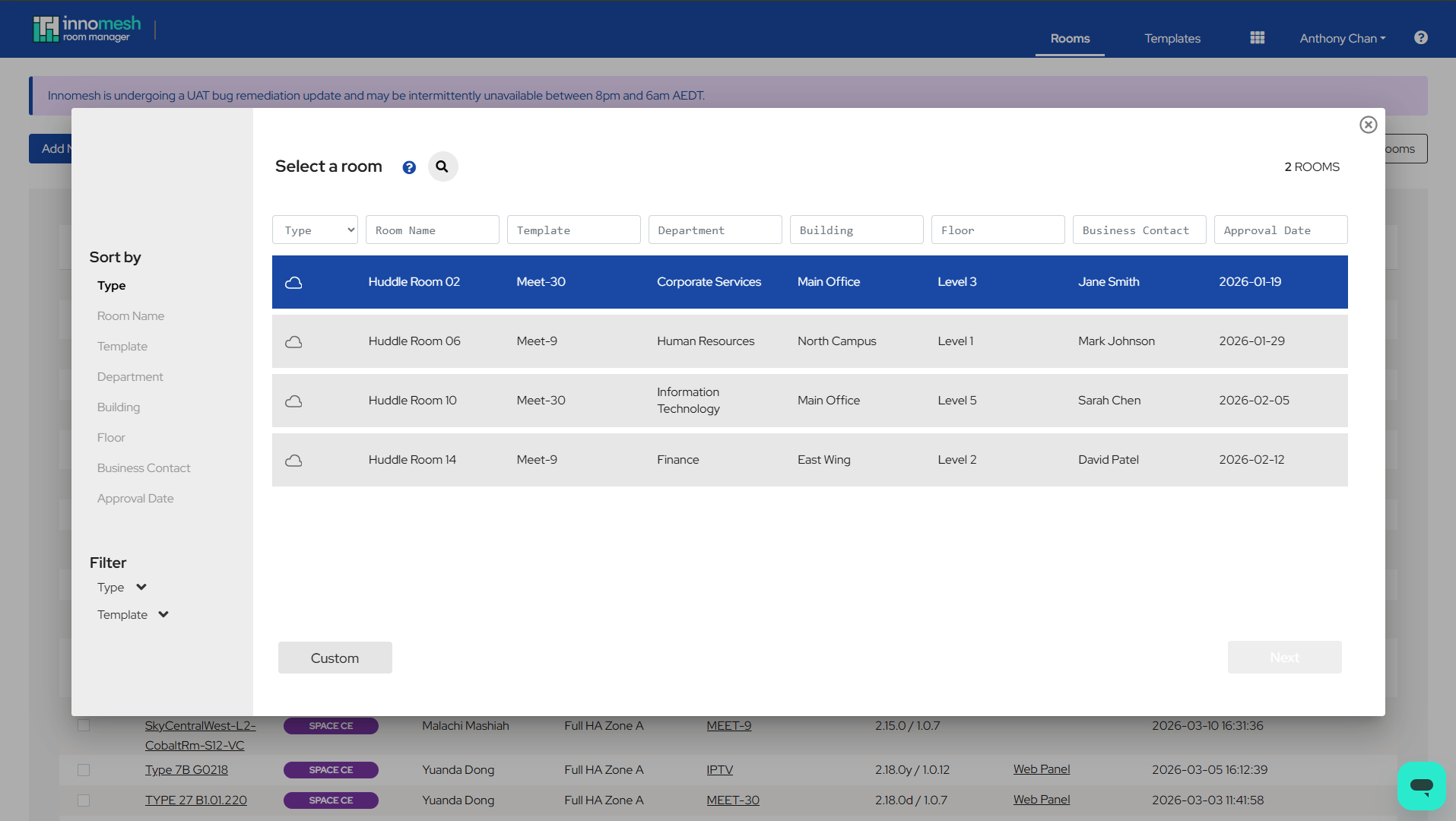 Select a Room page listing approved rooms from ServiceNow