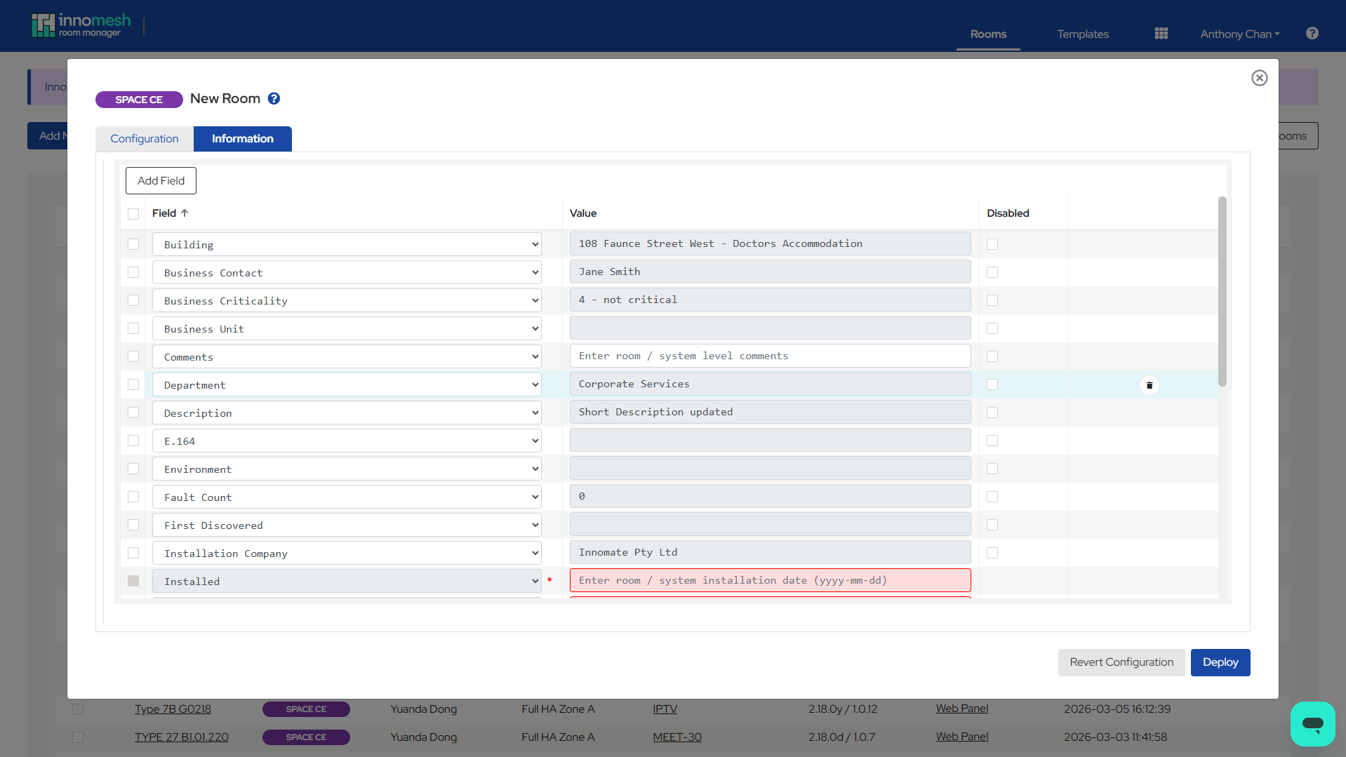 Information tab shown during room creation in Room Manager