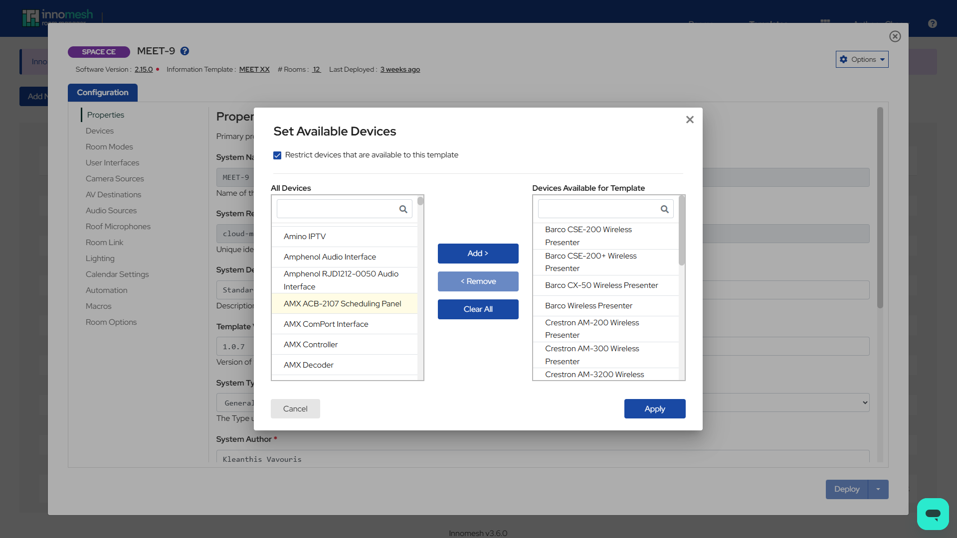 Set Available Devices dialog with All Devices list on the left, Devices Available for Template list on the right, and Add, Remove, and Clear All buttons between them
