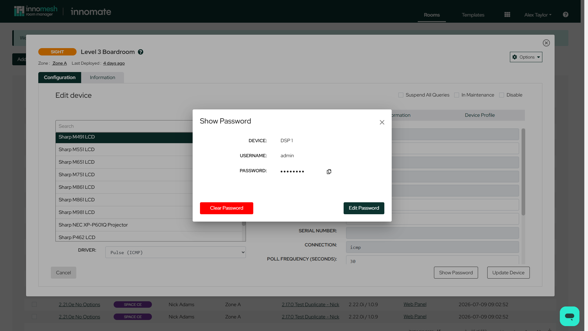 Show Password dialog listing the device name, username, and masked password with Clear Password and Edit Password buttons