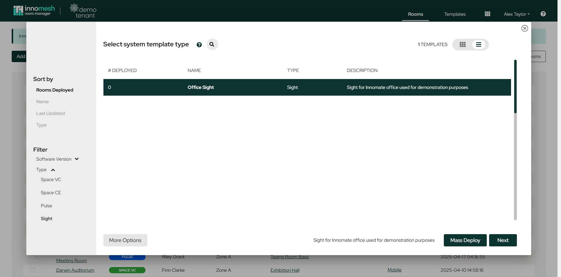 Template picker in list view filtered to the Sight type, with a Sight template selected